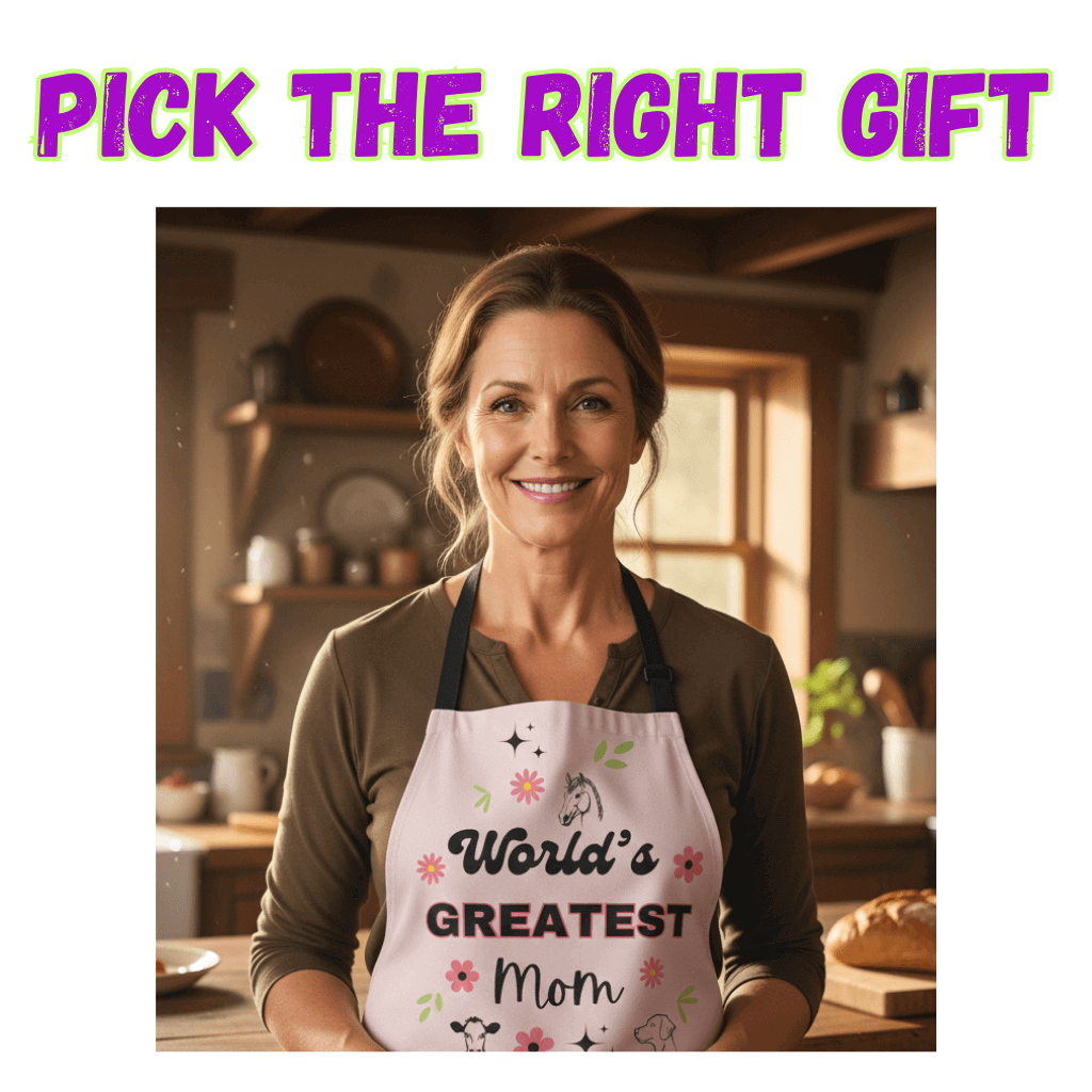 A Thoughtful Gift Guide featuring a smiling woman in an apron saying 'World's Greatest Mom' in a cozy kitchen.