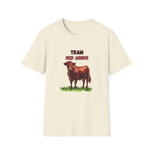 Red Angus T-Shirt featuring a Red Angus cow illustration with the text 'TEAM RED ANGUS' on a cream-colored tee.