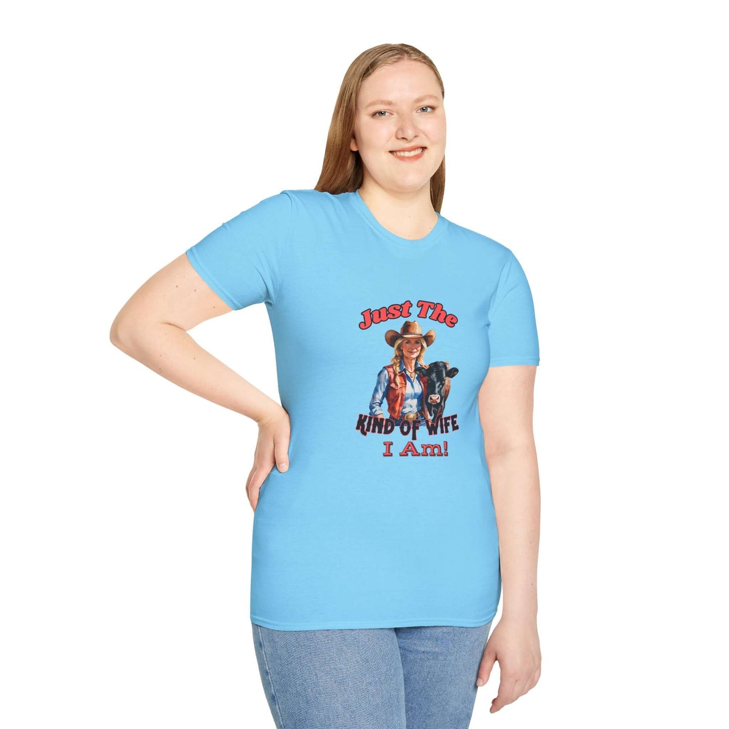 Funny Farm Wife Shirt featuring a fun design with the text Just the Kind of Wife I Am on a light blue background.