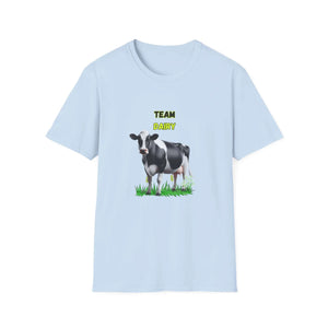 Team Dairy T-Shirt featuring a cartoon cow on a light blue background, perfect for dairy cattle farmers.