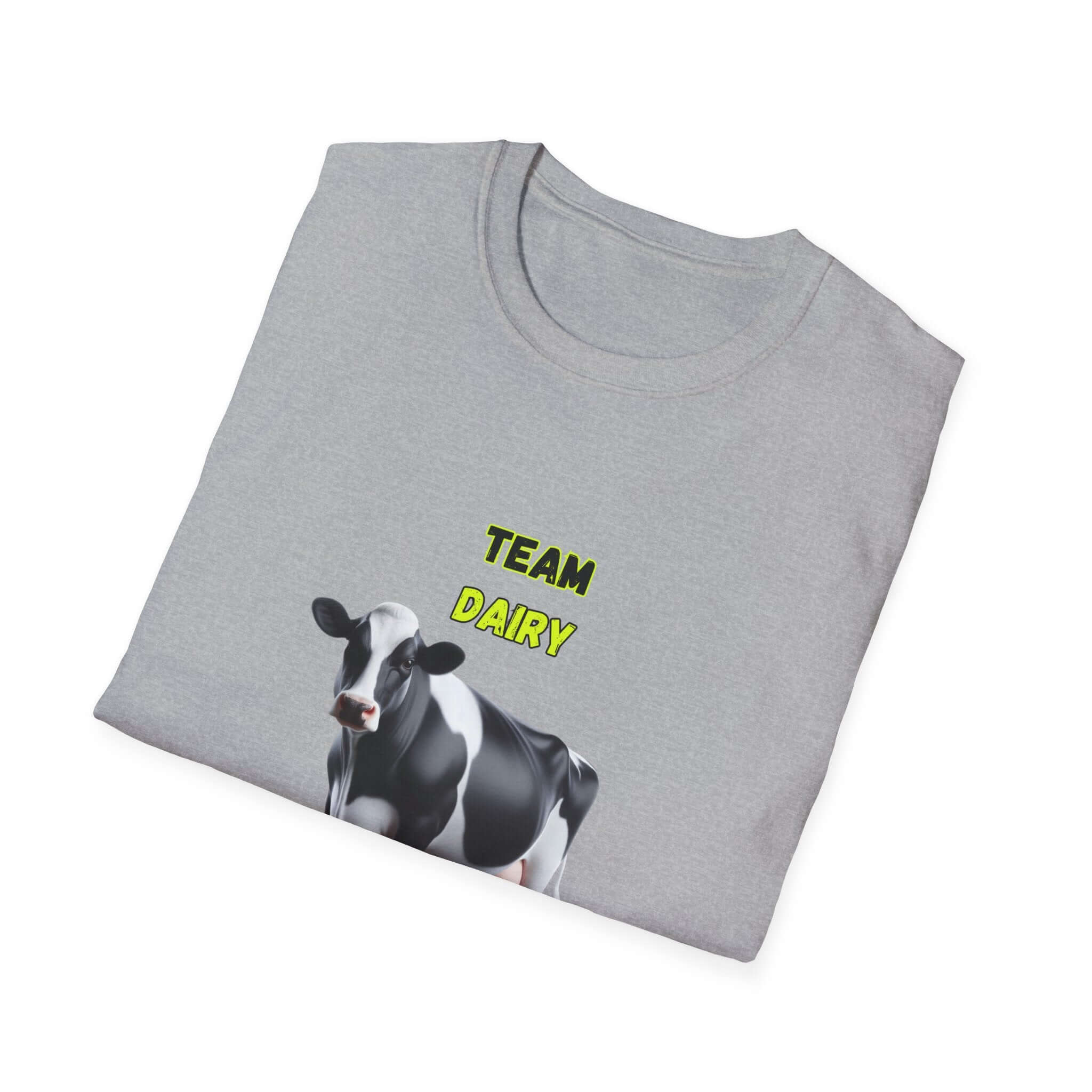 Team Dairy T-Shirt featuring a black and white cow design on a gray background.