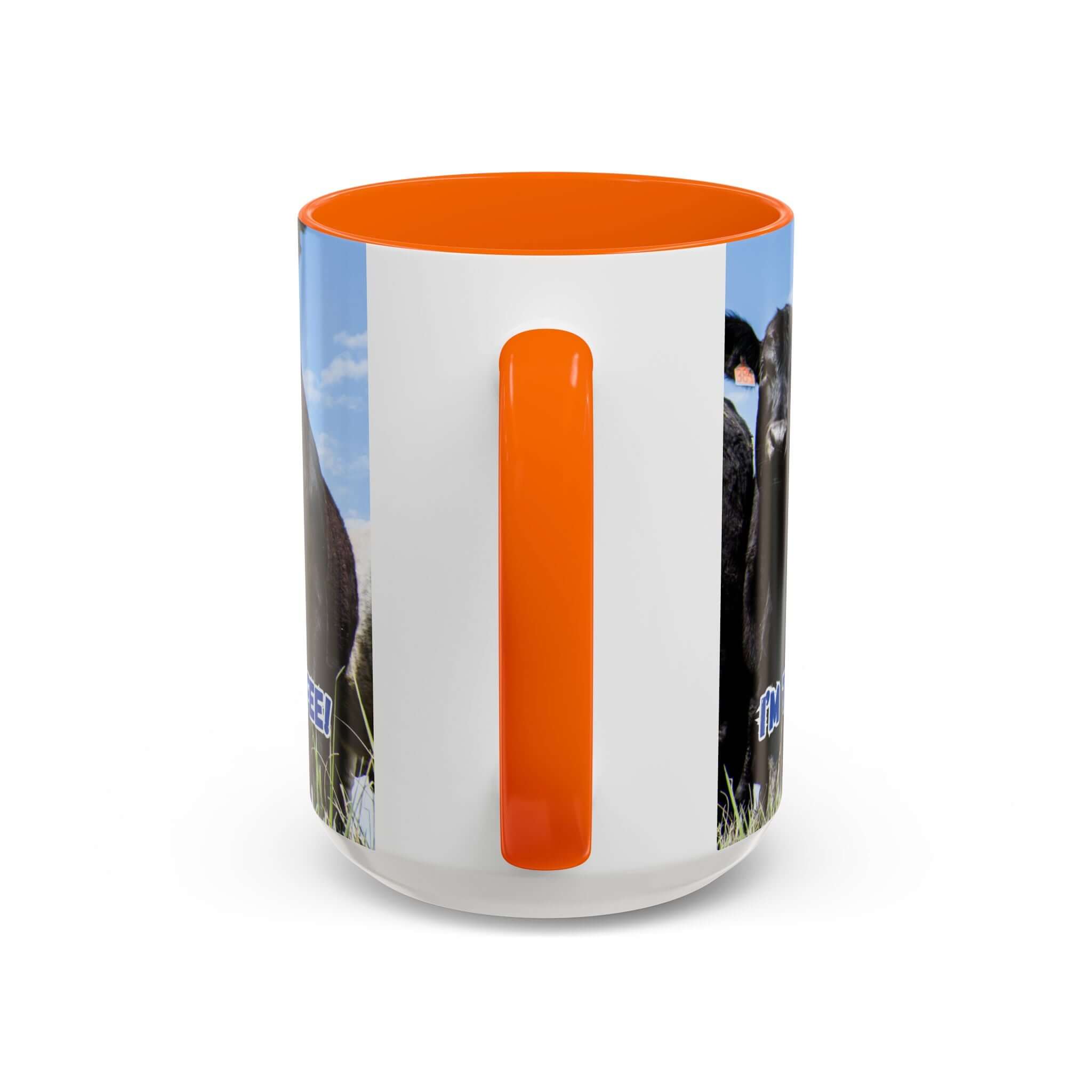 Black Angus Coffee Mug featuring bold black Angus artwork with an orange interior and handle, perfect gift for Dad.