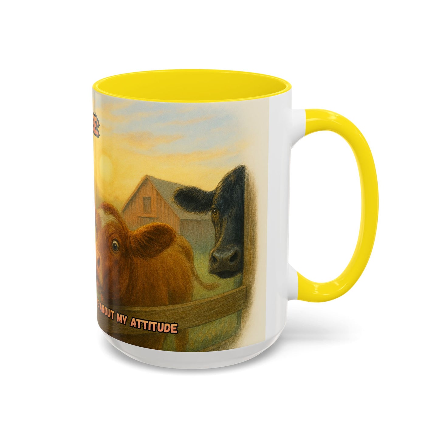 Cow Farm Mug featuring humorous cows and rustic farm design on a two-tone mug, ideal gift for cow lovers.