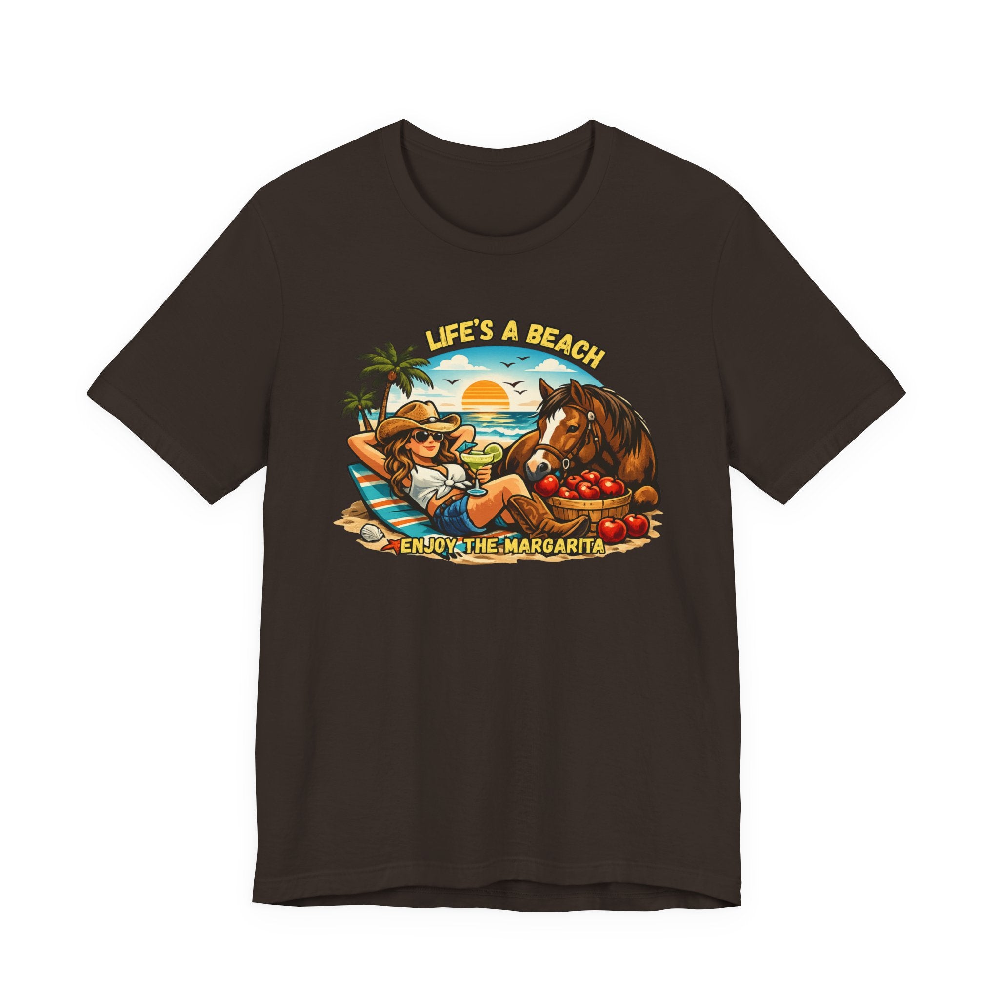 Life's A Beach Western Tee featuring a cowgirl, horse, and sunset design, perfect for casual beach wear.