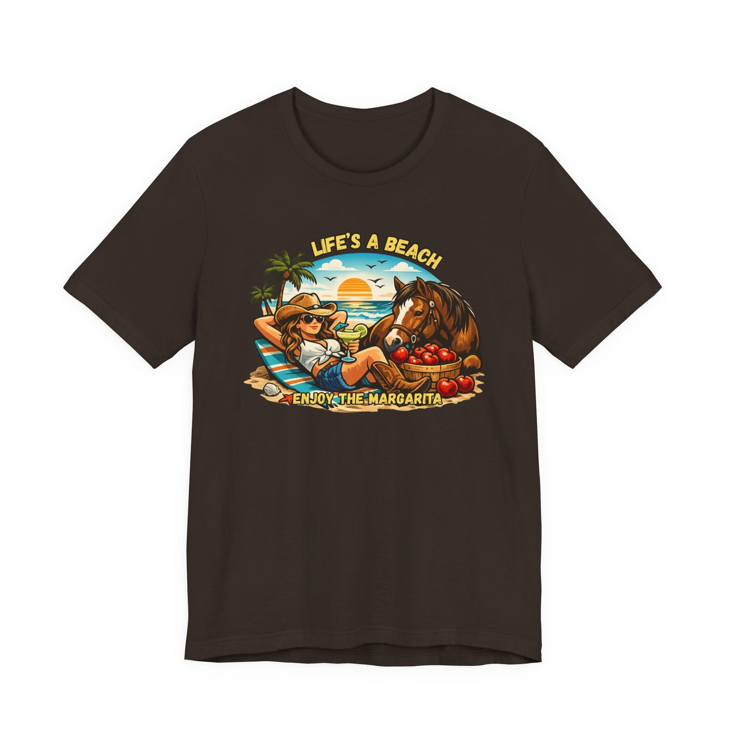 Life's A Beach Western Tee featuring a cowgirl, horse, and sunset design, perfect for casual beach wear.