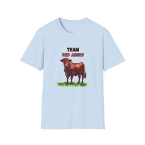 Red Angus T-Shirt featuring 'TEAM RED ANGUS' text and an illustration of a Red Angus cow on a light blue background.