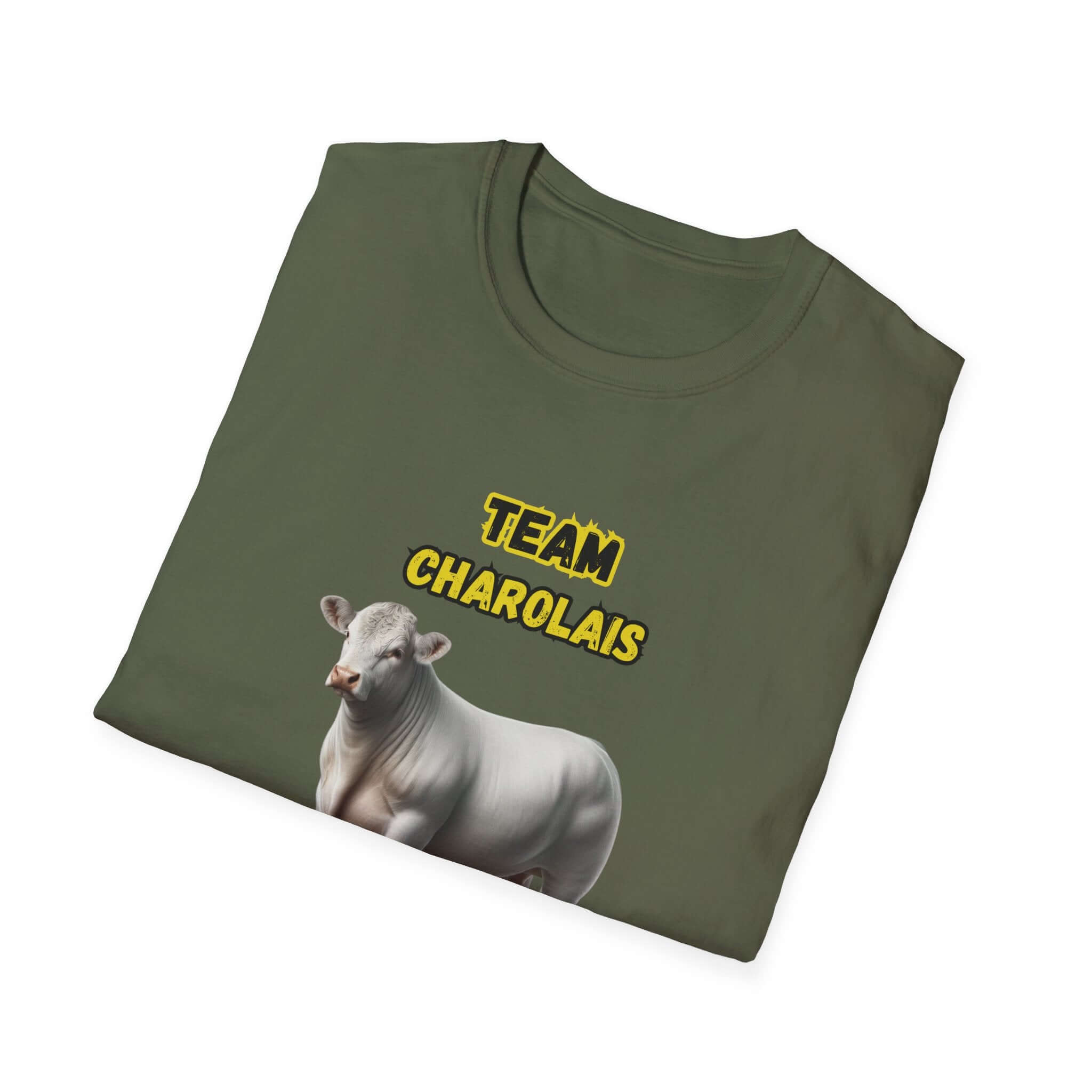 Charolais T-Shirt featuring a graphic of a Charolais cattle and the text 'TEAM CHAROLAIS' on an olive green tee.