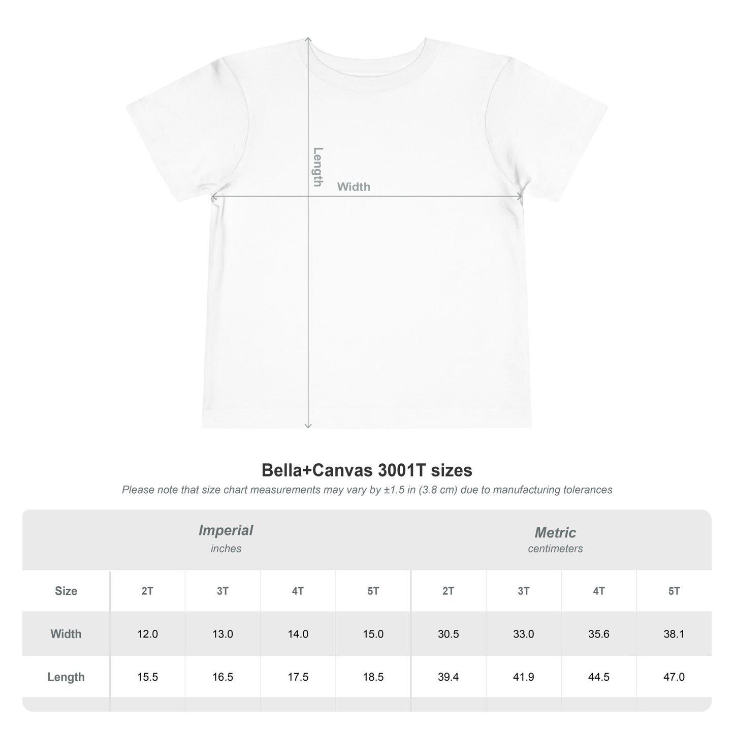 Toddler Cowgirl Tee size chart with measurements in inches and centimeters for different toddler sizes.