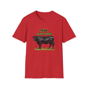 Black Angus Lover T-Shirt featuring a graphic of a Black Angus cow on a red shirt, perfect for ranchers and farmers.