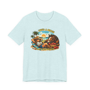 Life's A Beach Western Tee featuring a beach scene, sunset, and a horse, perfect for cowgirl apparel lovers.