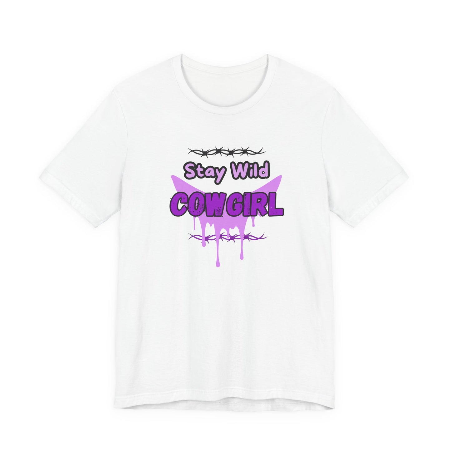 Cowgirl Western Tee featuring Stay Wild COWGIRL graphic in purple on a white t-shirt, showcasing a rebellious-western vibe.