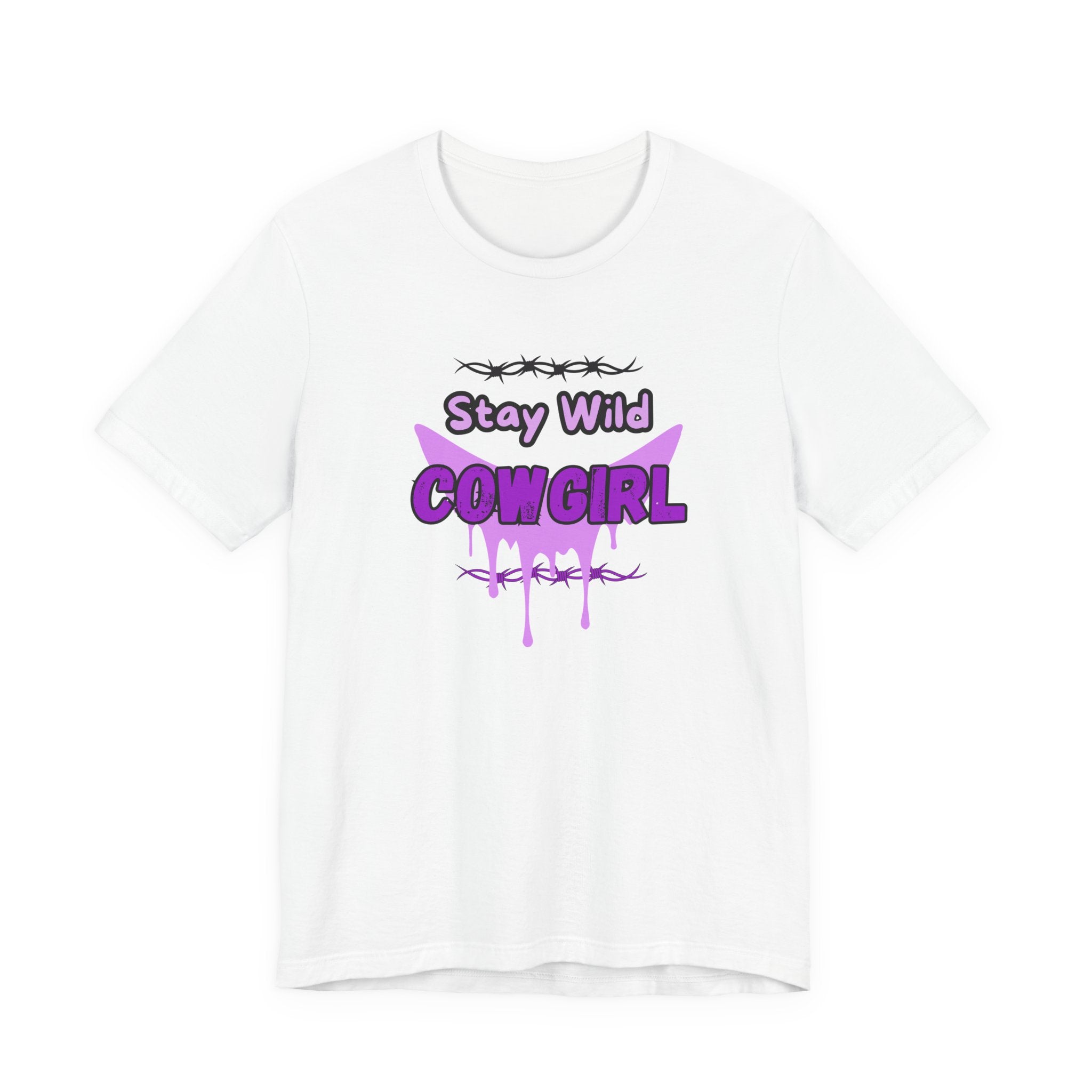Cowgirl Western Tee featuring Stay Wild COWGIRL graphic in purple on a white t-shirt, showcasing a rebellious-western vibe.