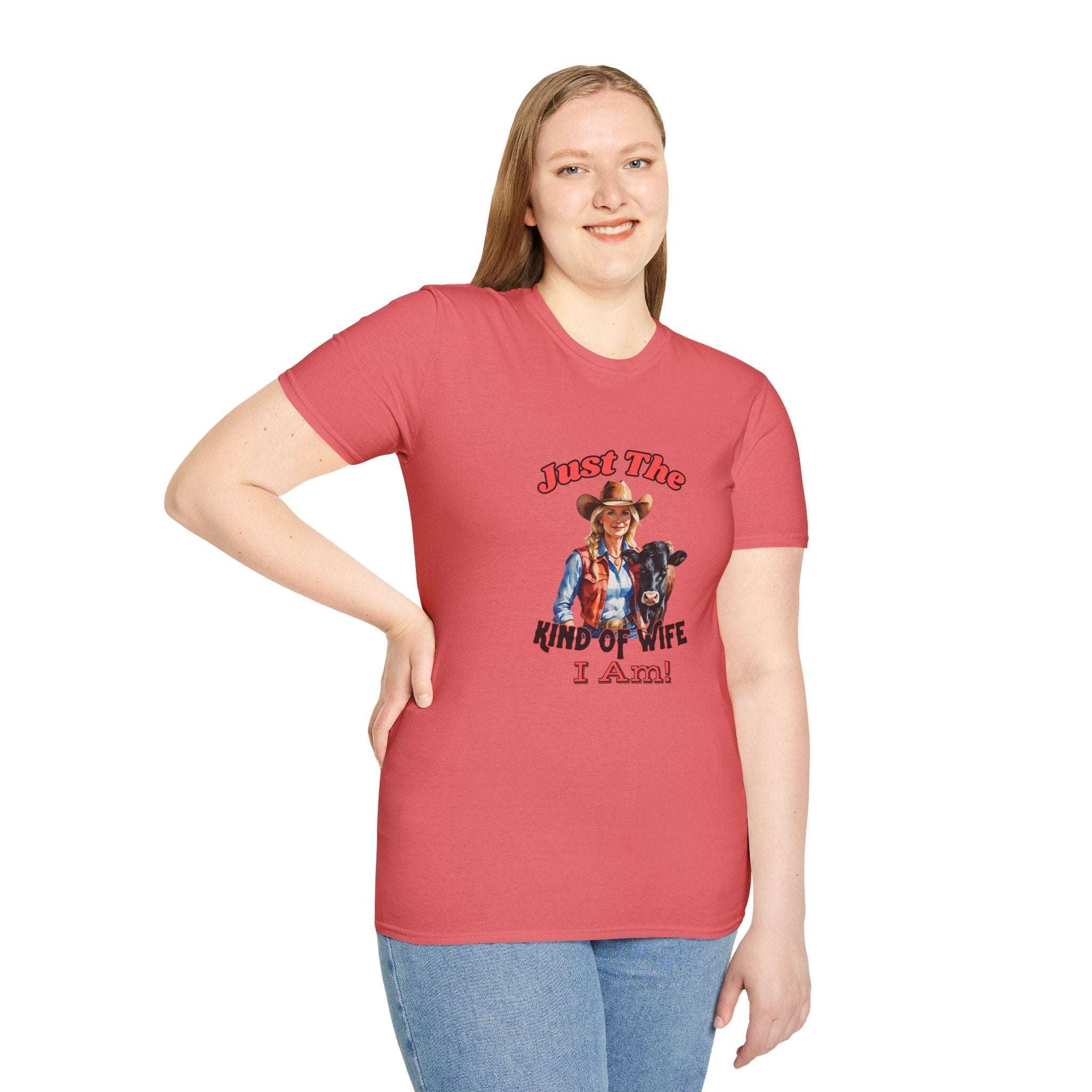 Funny Farm Wife Shirt featuring a woman in a pink shirt with the text Just the Kind of Wife I Am.