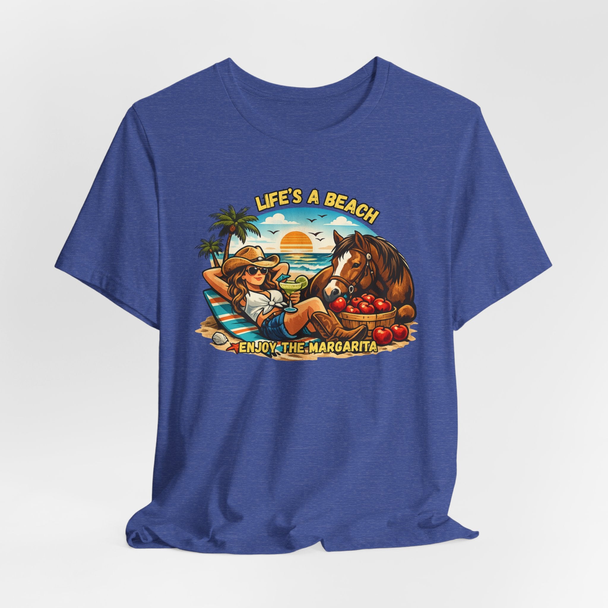 Life's A Beach Western Tee featuring a cowgirl relaxing with a horse and tropical elements, perfect for casual wear.