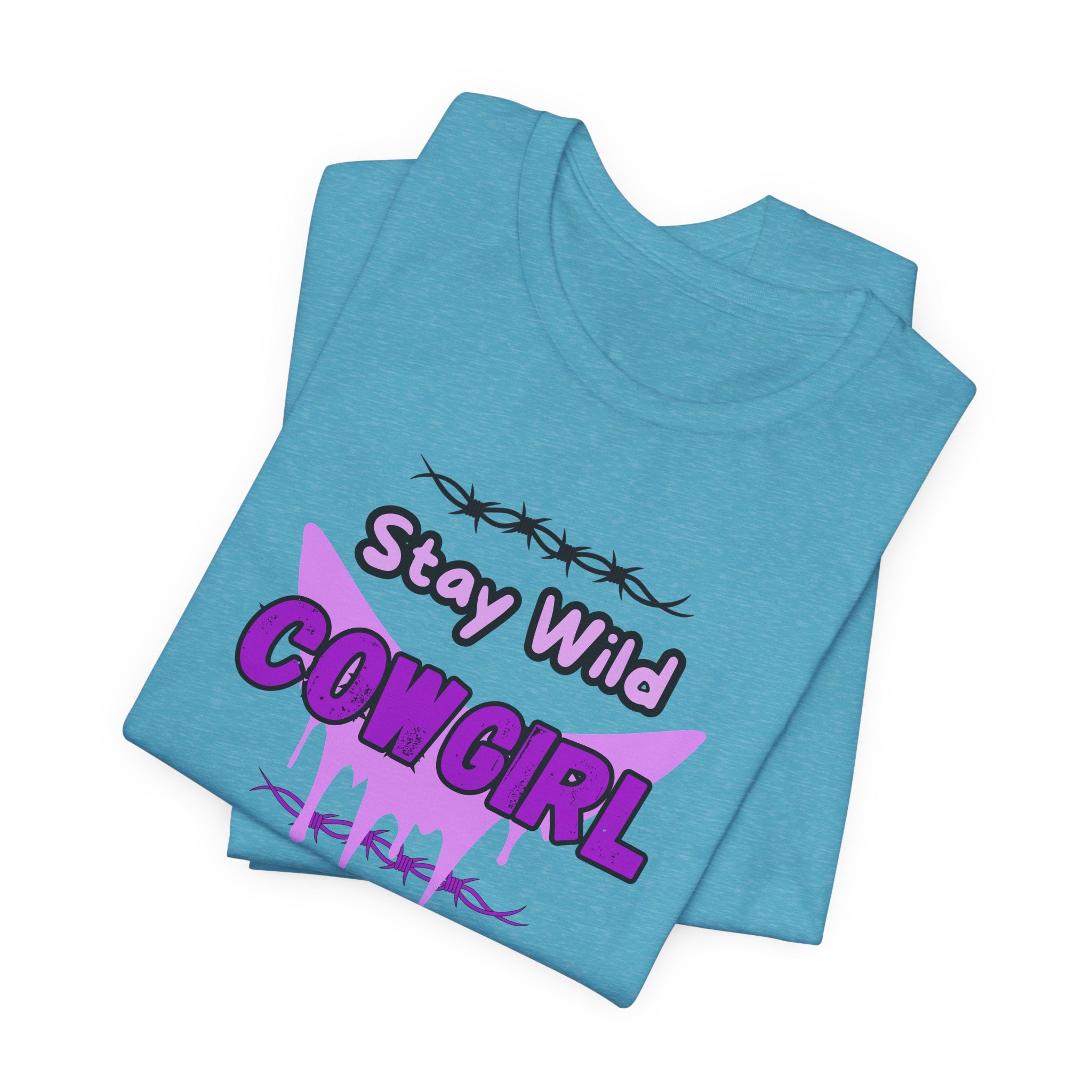 Cowgirl Western Tee featuring the bold graphic 'Stay Wild COWGIRL' on a light blue shirt design.