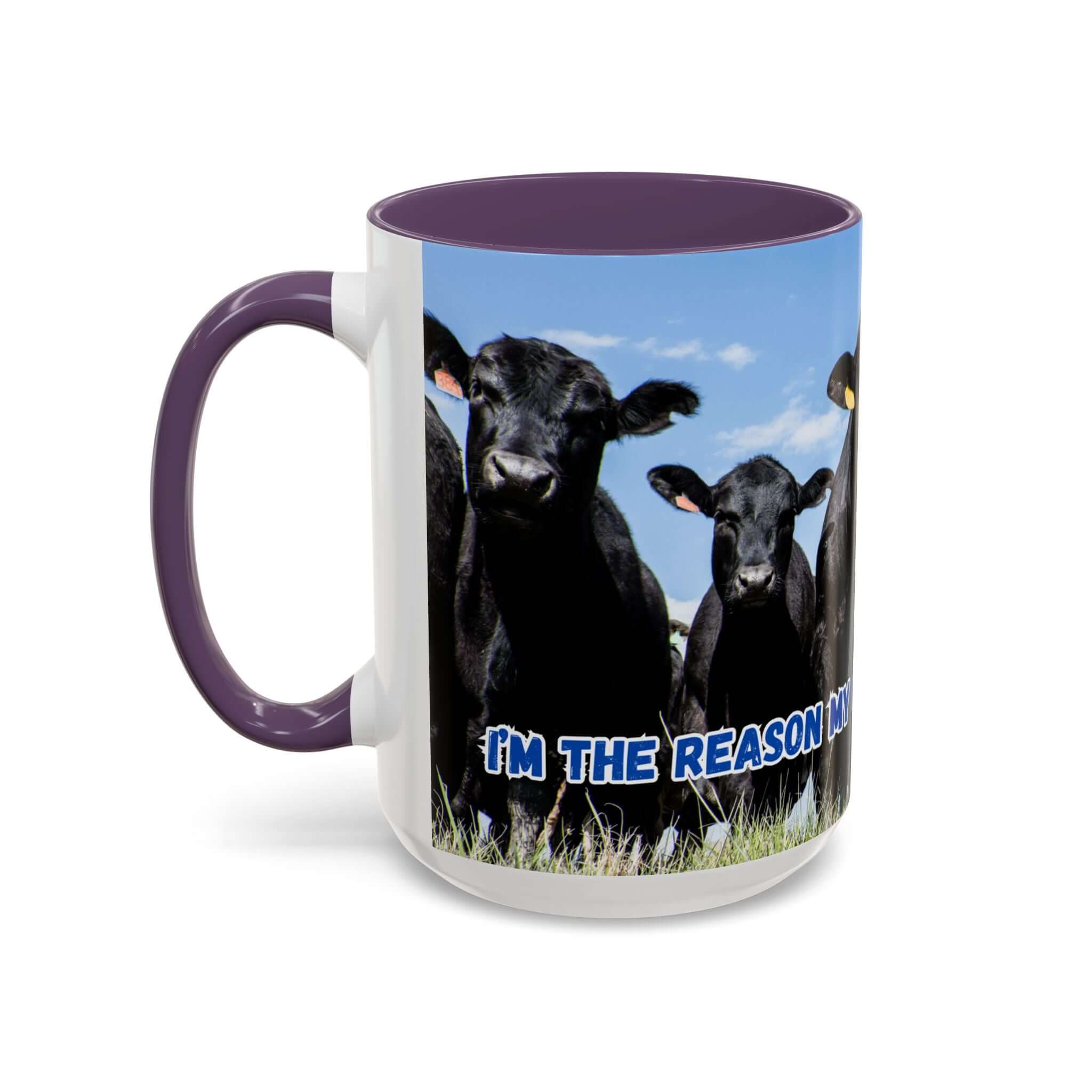 Black Angus Coffee Mug featuring humorous quote and black Angus cattle design, perfect gift for dad.