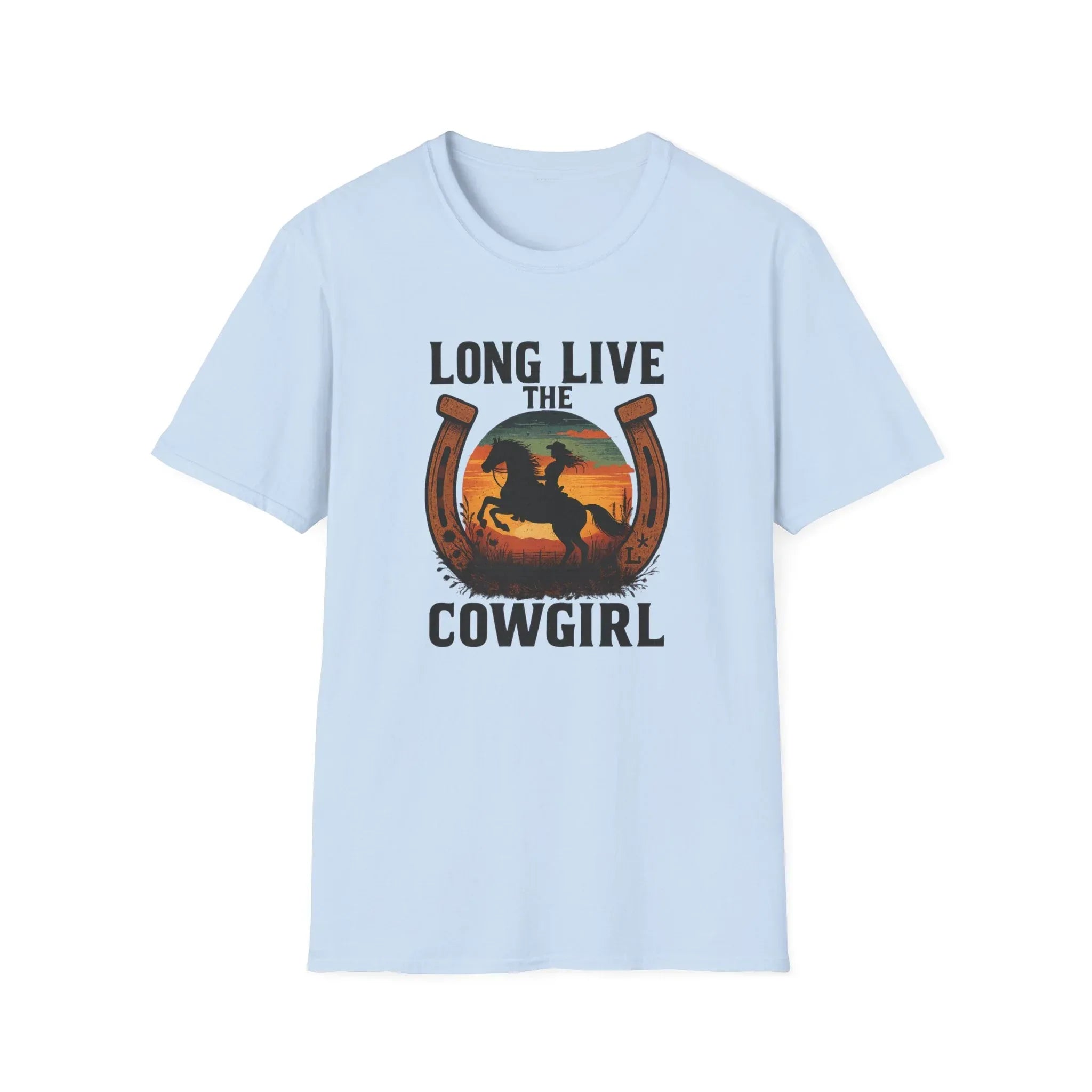 Long Live the Cowgirl graphic t-shirt in light blue with horseshoe design, perfect for cowgirl apparel.