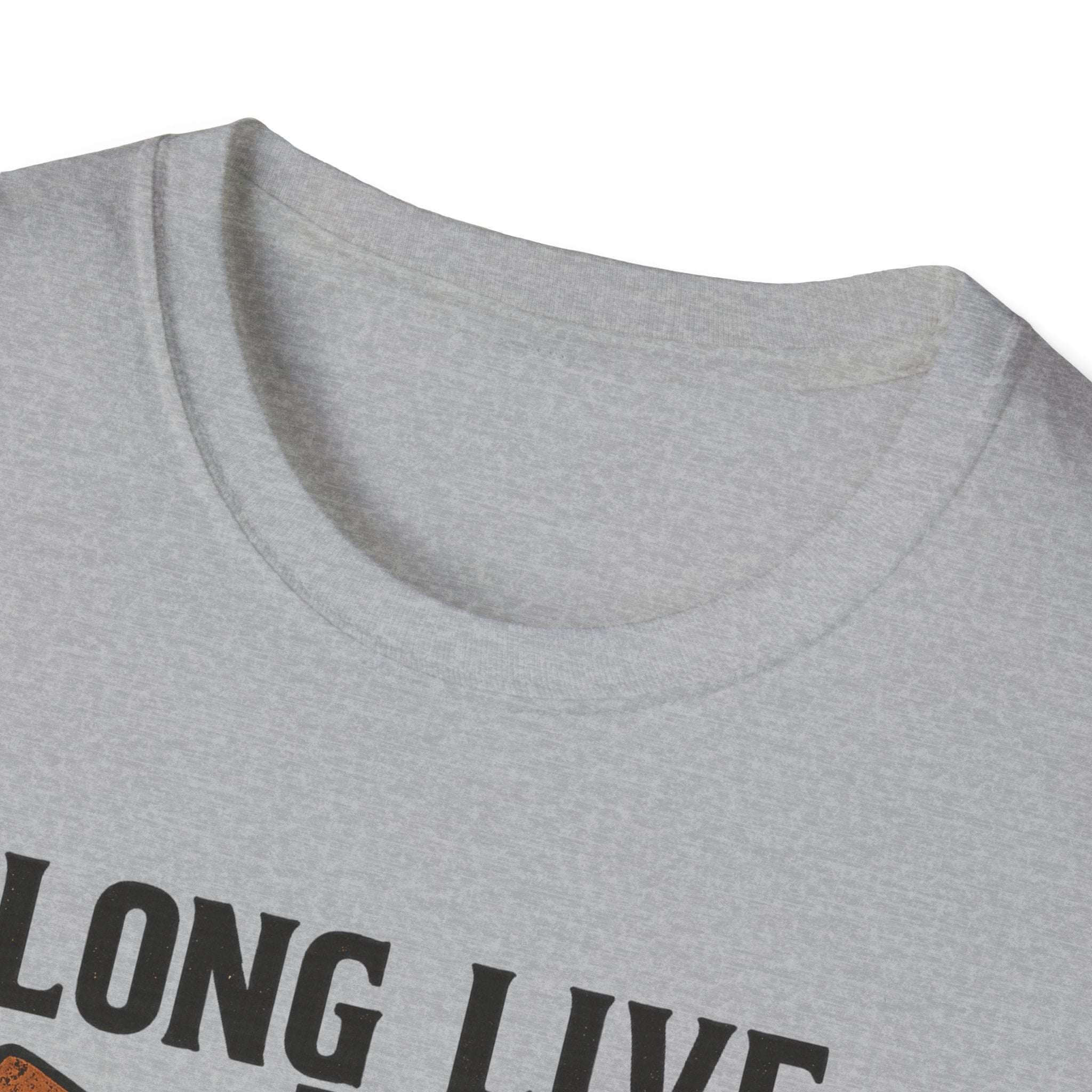 Close-up of Long Live the Cowgirl horseshoe graphic t-shirt collar and neckline detail.