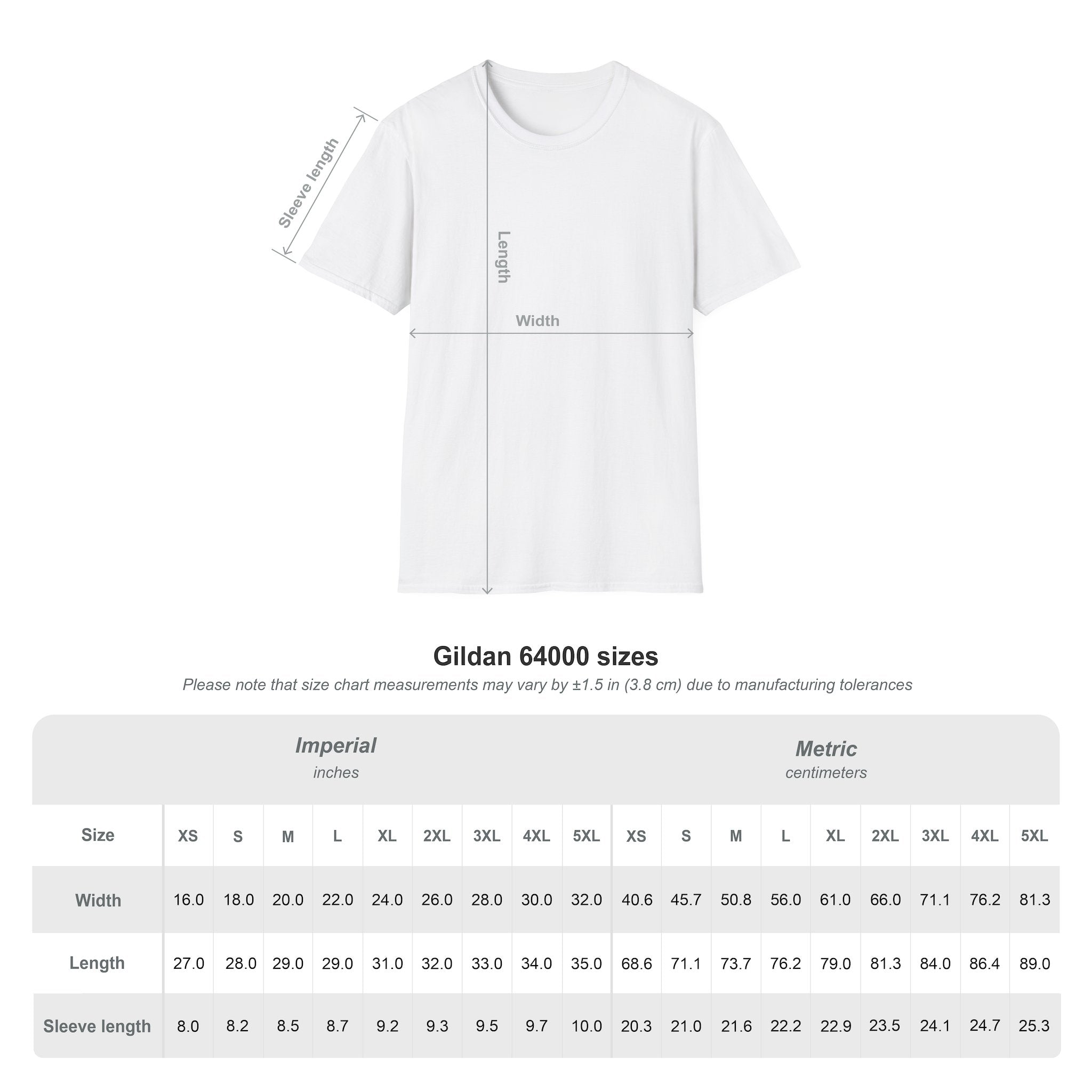 Hereford T-Shirt size chart for Gildan 64000, showing dimensions in inches and centimeters.