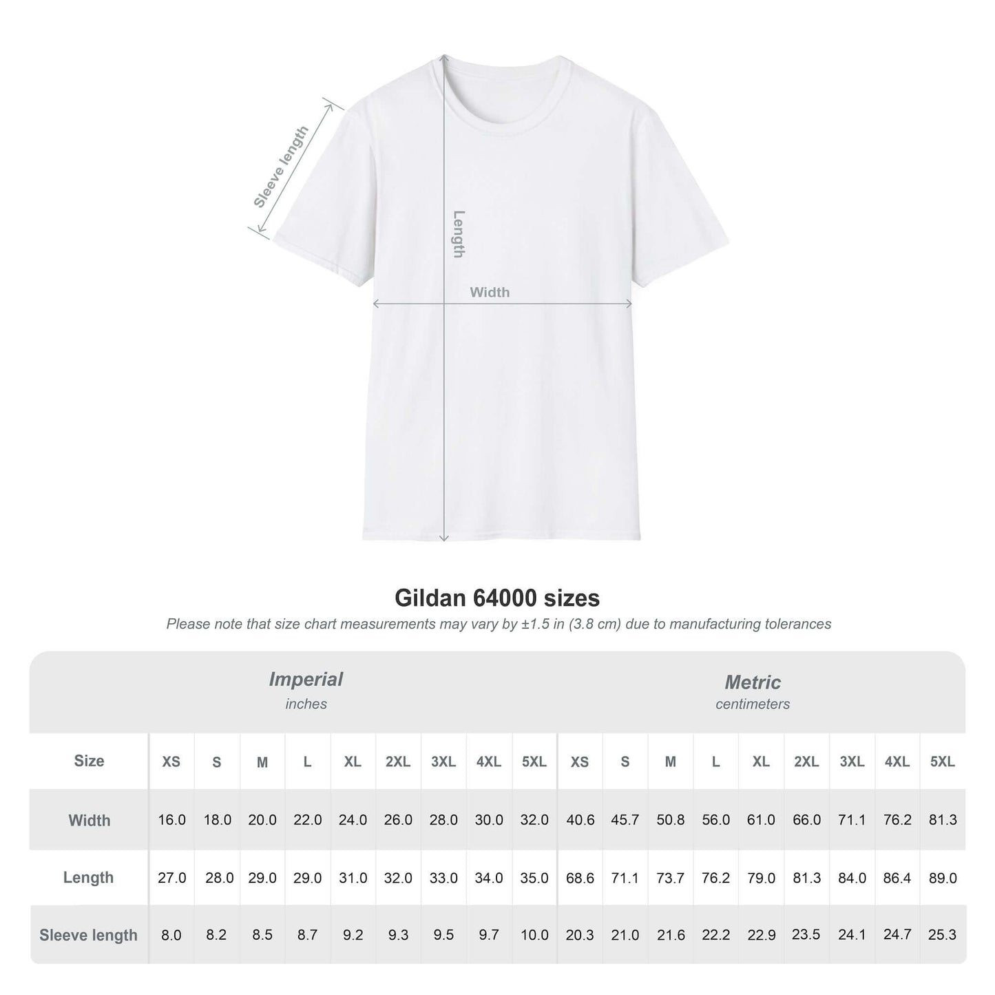Hereford T-Shirt size chart for Gildan 64000, showing dimensions in inches and centimeters.