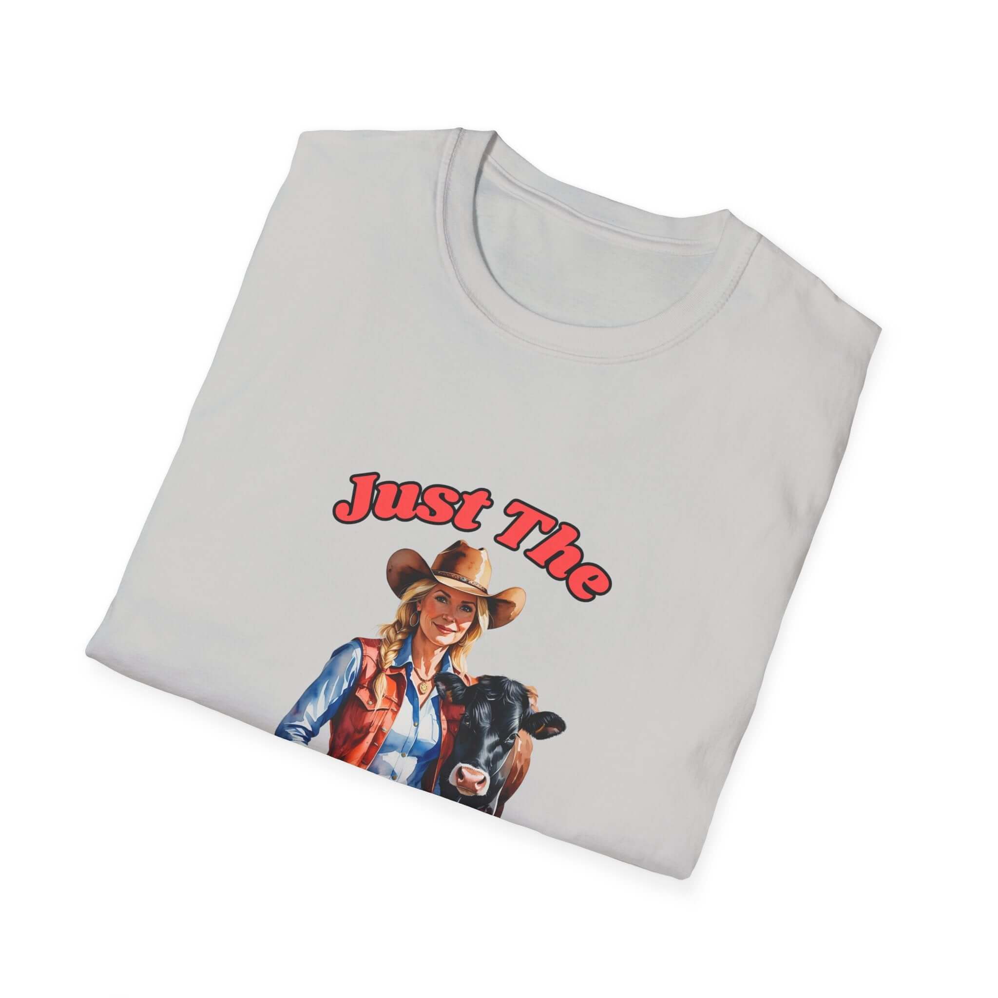 Funny Farm Wife Shirt featuring a graphic of a smiling farmer with a cow, adding humor to farm life.