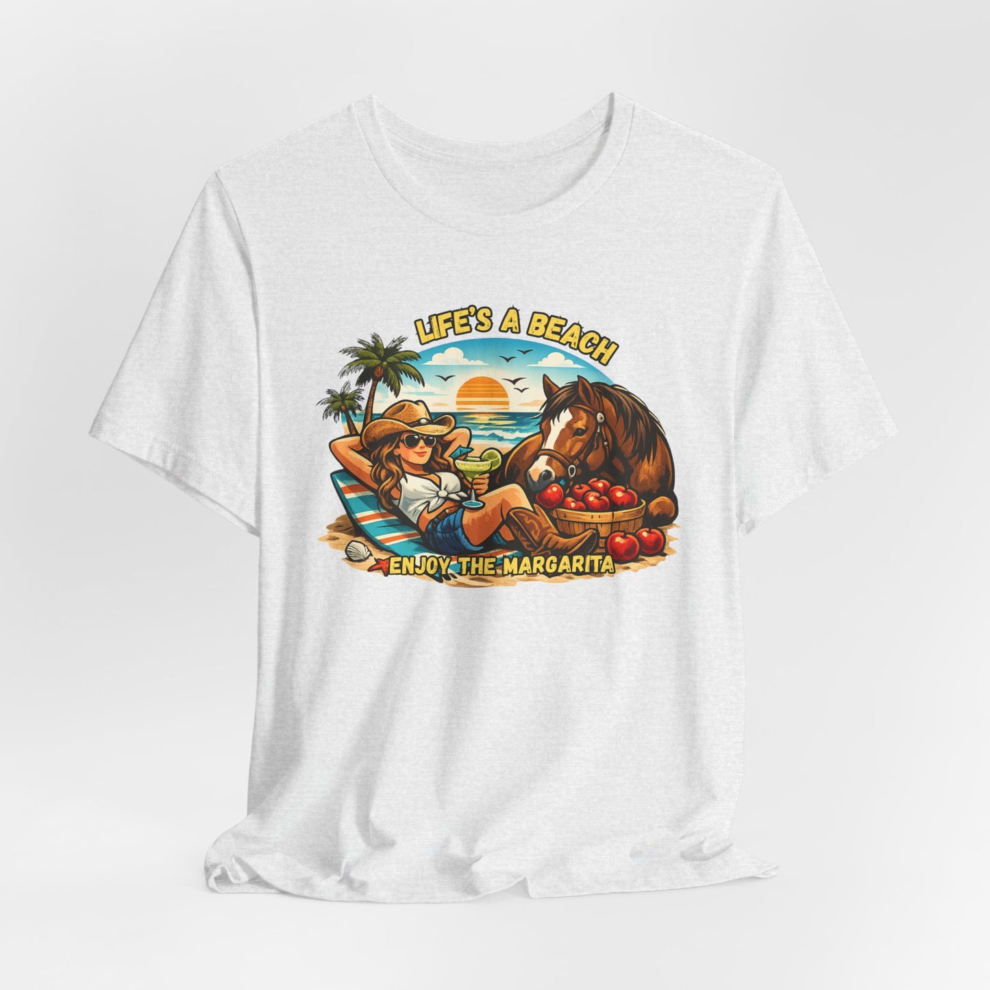 Life's A Beach Western Tee featuring a cowgirl relaxing with a horse and drinks, perfect for beach lovers.