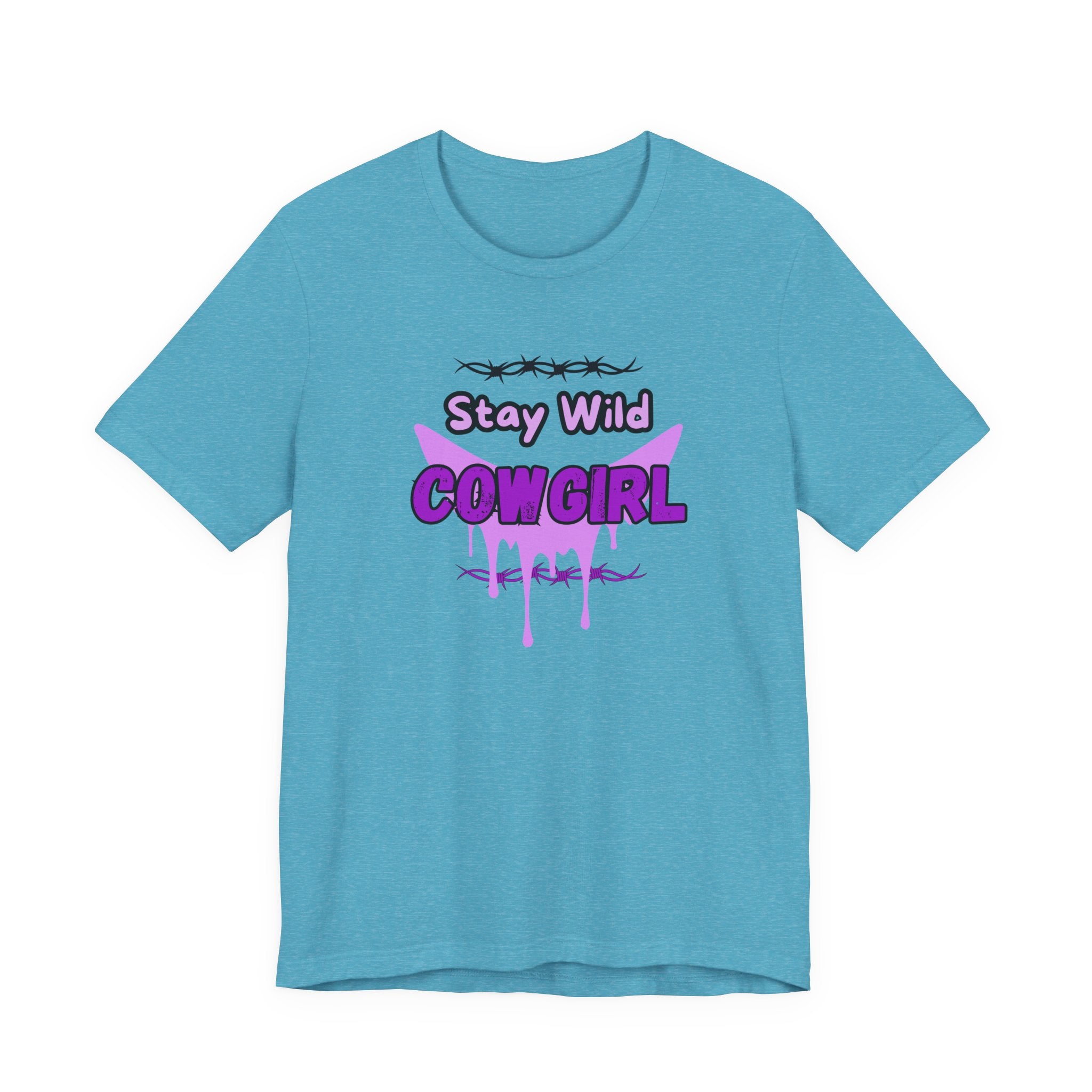 Cowgirl Western Tee featuring Stay Wild COWGIRL graphic on a turquoise short sleeve shirt.