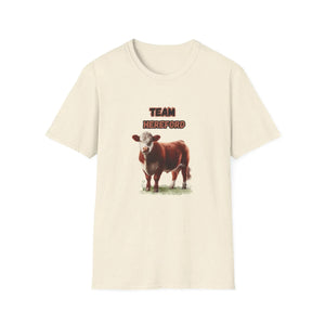 Hereford T-Shirt featuring a Hereford cow with 'TEAM HEREFORD' lettering displayed on a soft tee.