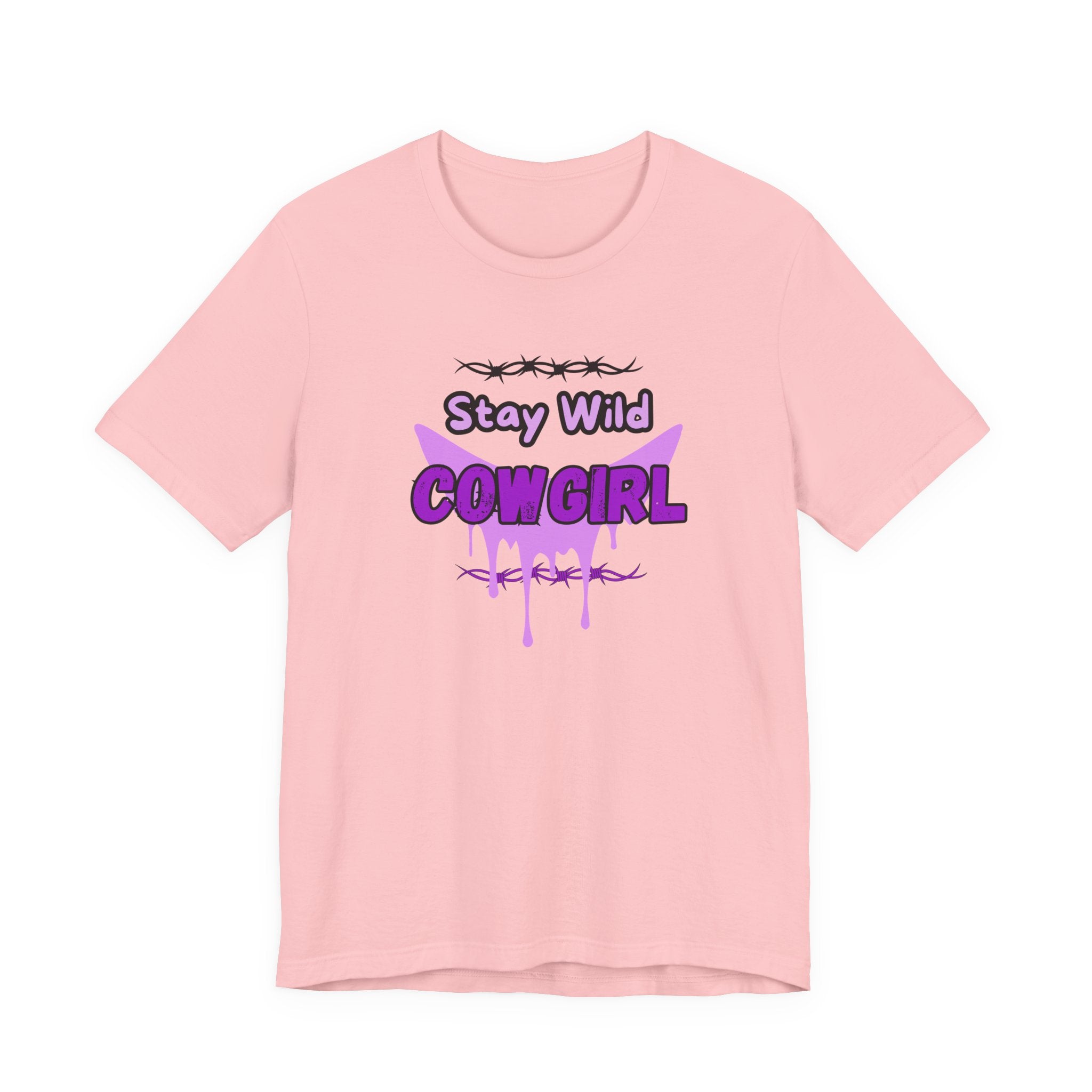 Cowgirl Western Tee with Stay Wild COWGIRL graphic on a pink t-shirt, showcasing a playful cowgirl vibe.