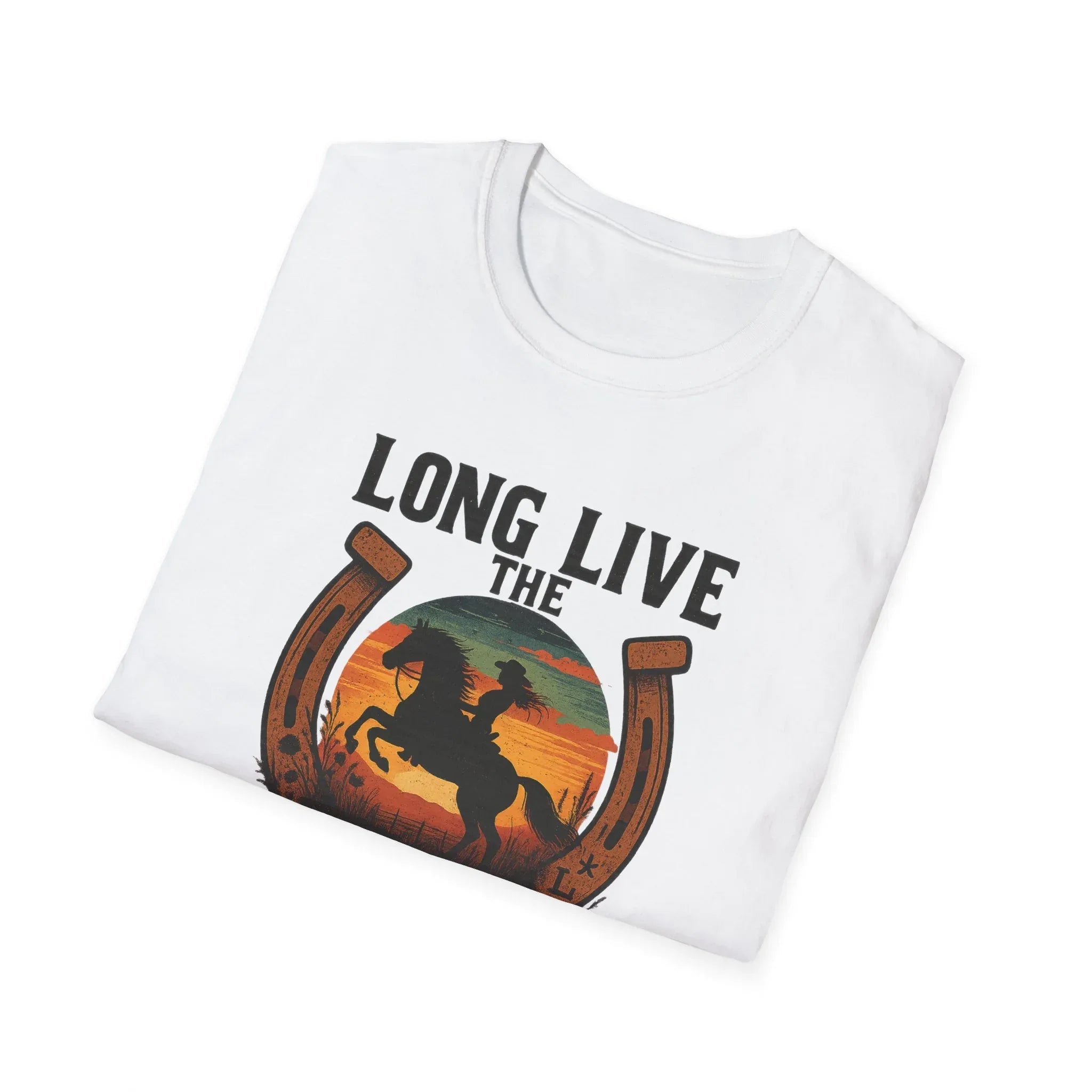 Long Live the Cowgirl graphic t-shirt featuring a horseshoe and a silhouetted rider on horseback.