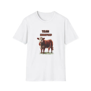 Hereford T-Shirt featuring a Hereford cow and 'TEAM HEREFORD' lettering on a white background.