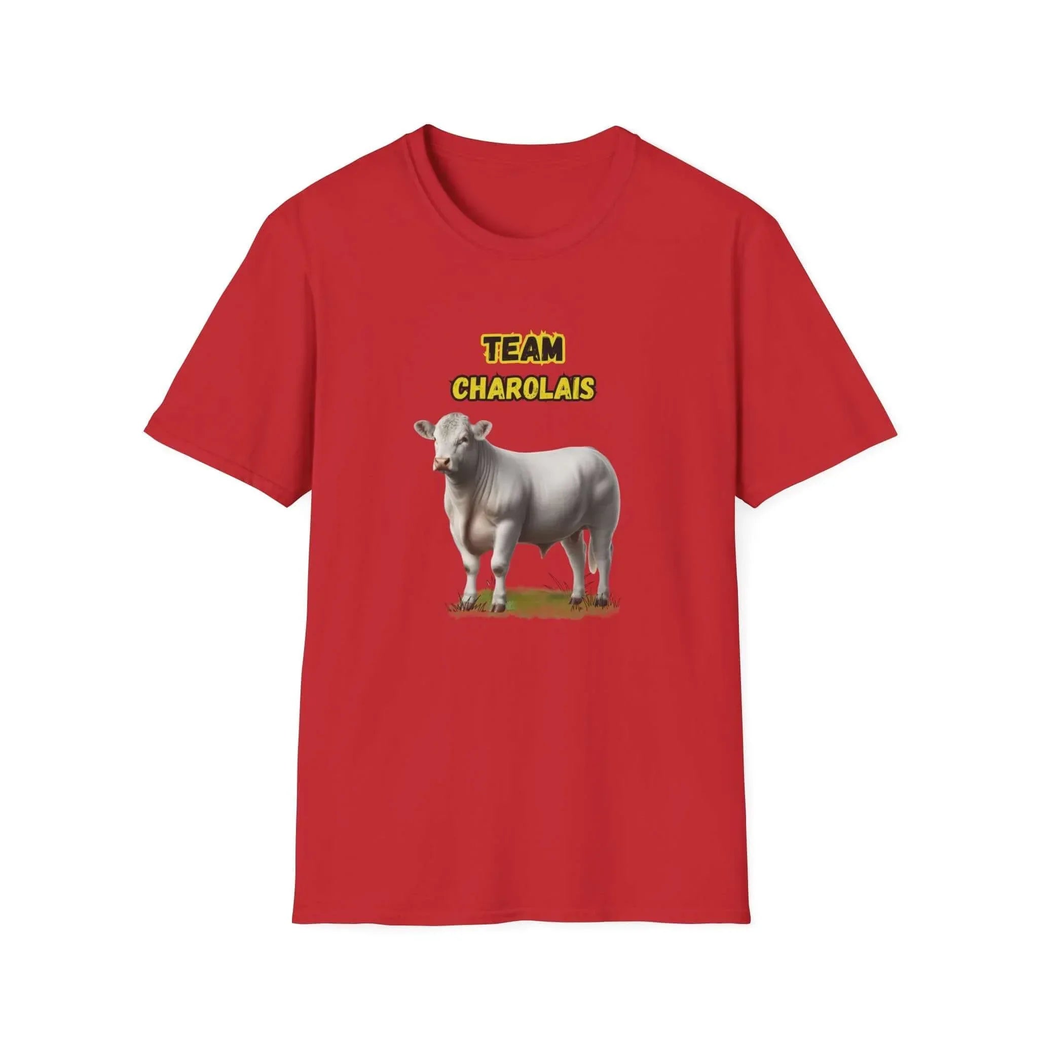 Charolais T-Shirt featuring a graphic of a Charolais cow with the text 'TEAM CHAROLAIS' on a red background.