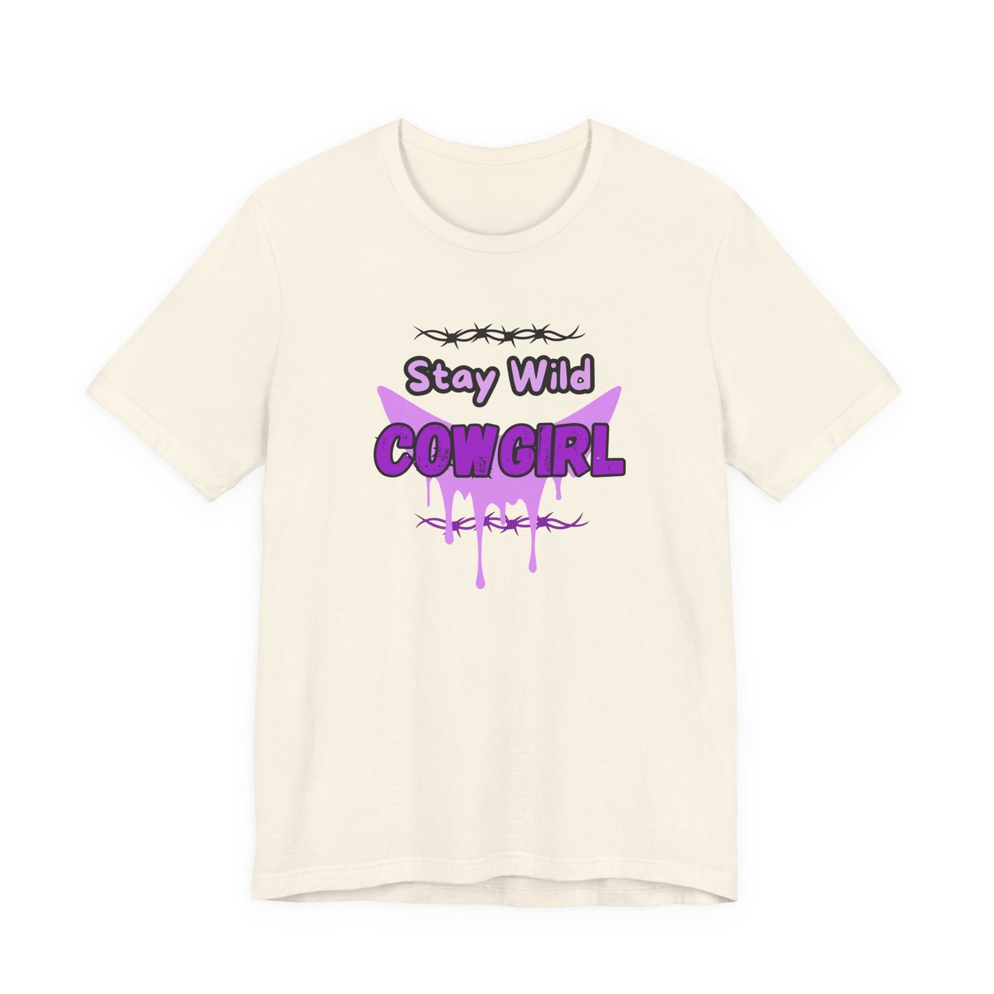 Cowgirl Western Tee featuring 'Stay Wild COWGIRL' graphic design in purple on a cream-colored t-shirt.