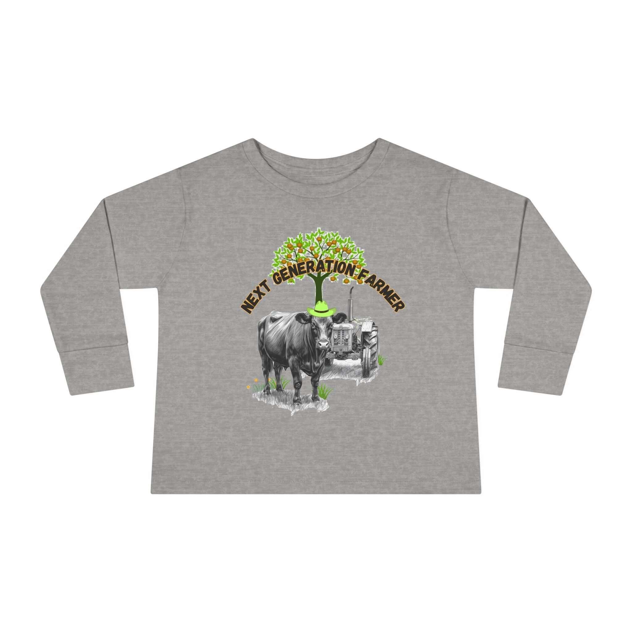 Toddler Long Sleeve Tee featuring 'Next Generation Farmer' graphic with tractor and cow design in gray.