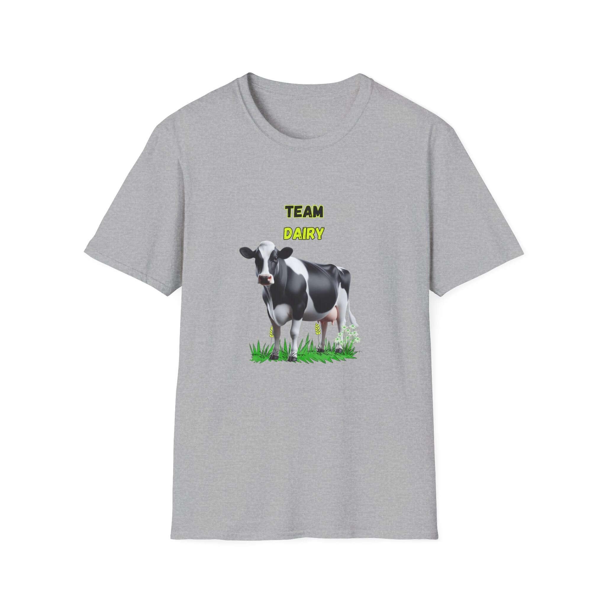 Team Dairy T-Shirt featuring a black and white cow graphic on a gray background.