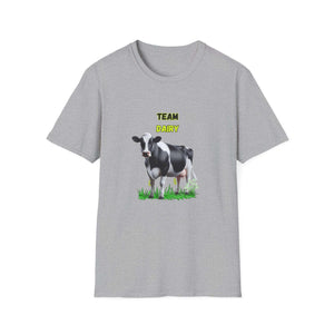 Team Dairy T-Shirt featuring a black and white cow graphic on a gray background.