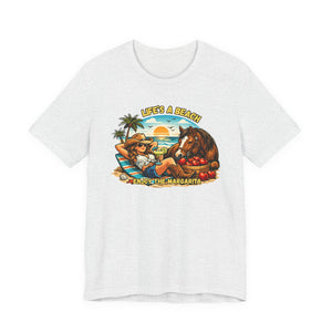 Life's A Beach Western Tee featuring a cowgirl relaxing with a horse and sunset, perfect for beach lovers.
