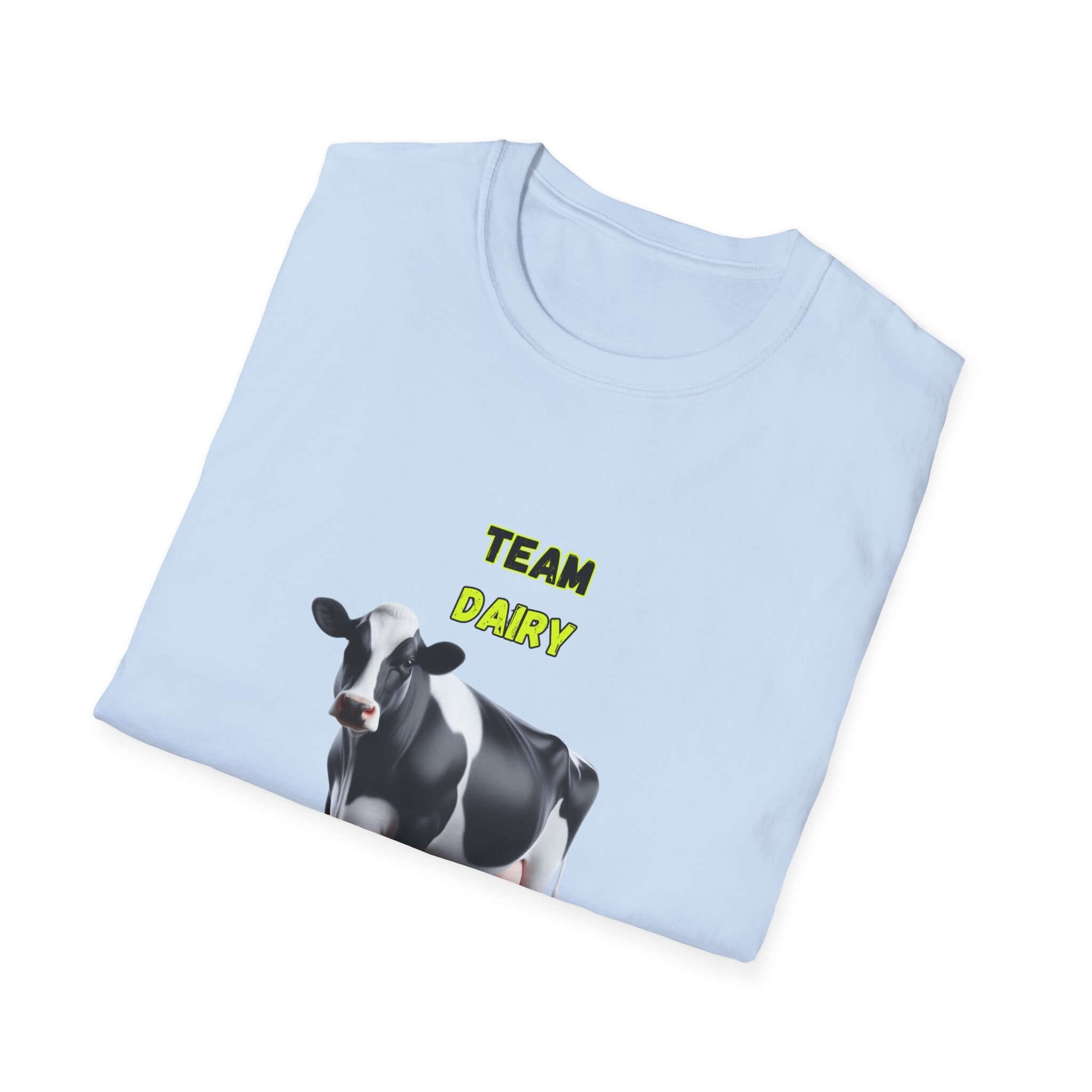 Team Dairy T-Shirt featuring a black and white cow design, perfect for cattle farmers and livestock show enthusiasts.