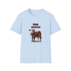 Hereford T-Shirt featuring a Hereford cow design and 'TEAM HEREFORD' lettering on a light blue tee.