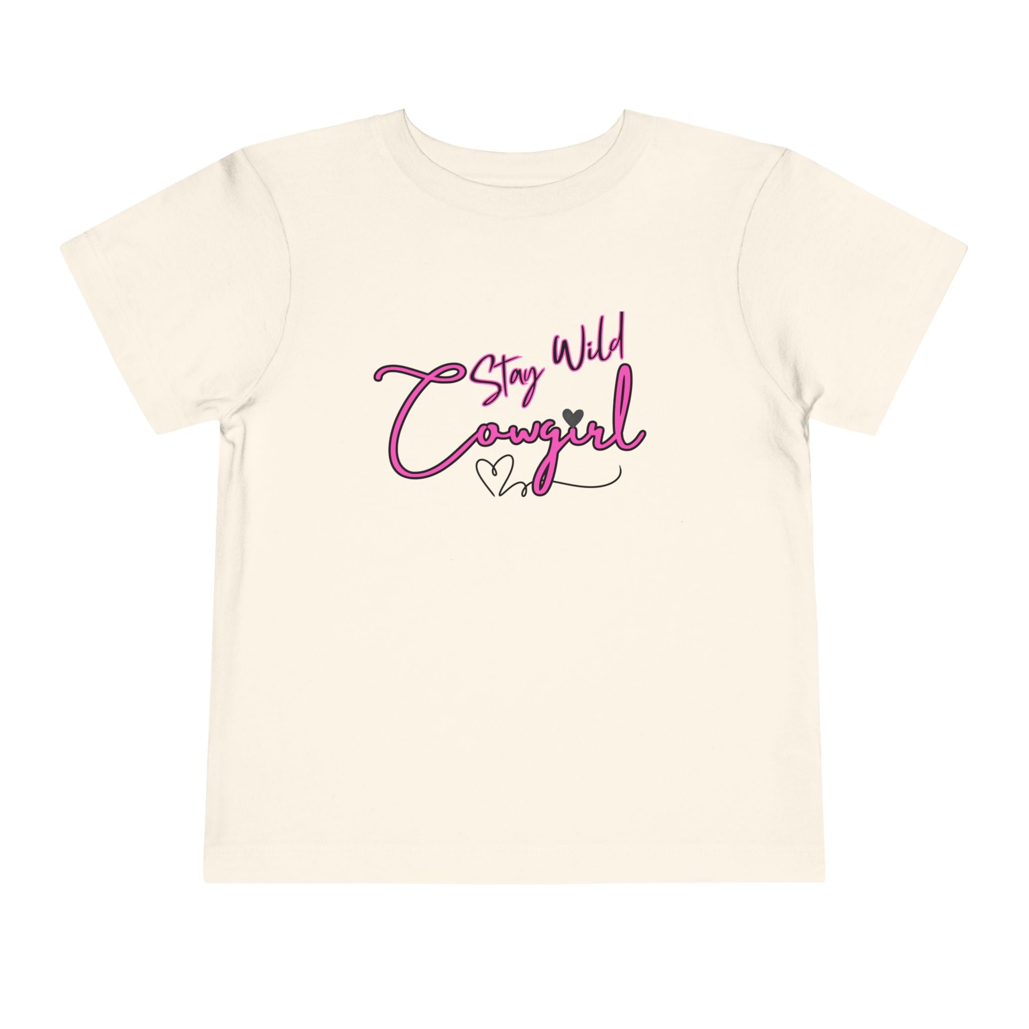 Toddler Cowgirl Tee featuring a playful design that says 'Stay Wild Cowgirl' on a soft, lightweight fabric.