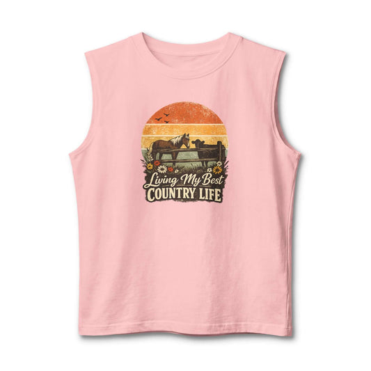 Country Life Tank featuring sunset artwork, perfect for summer days on the farm.