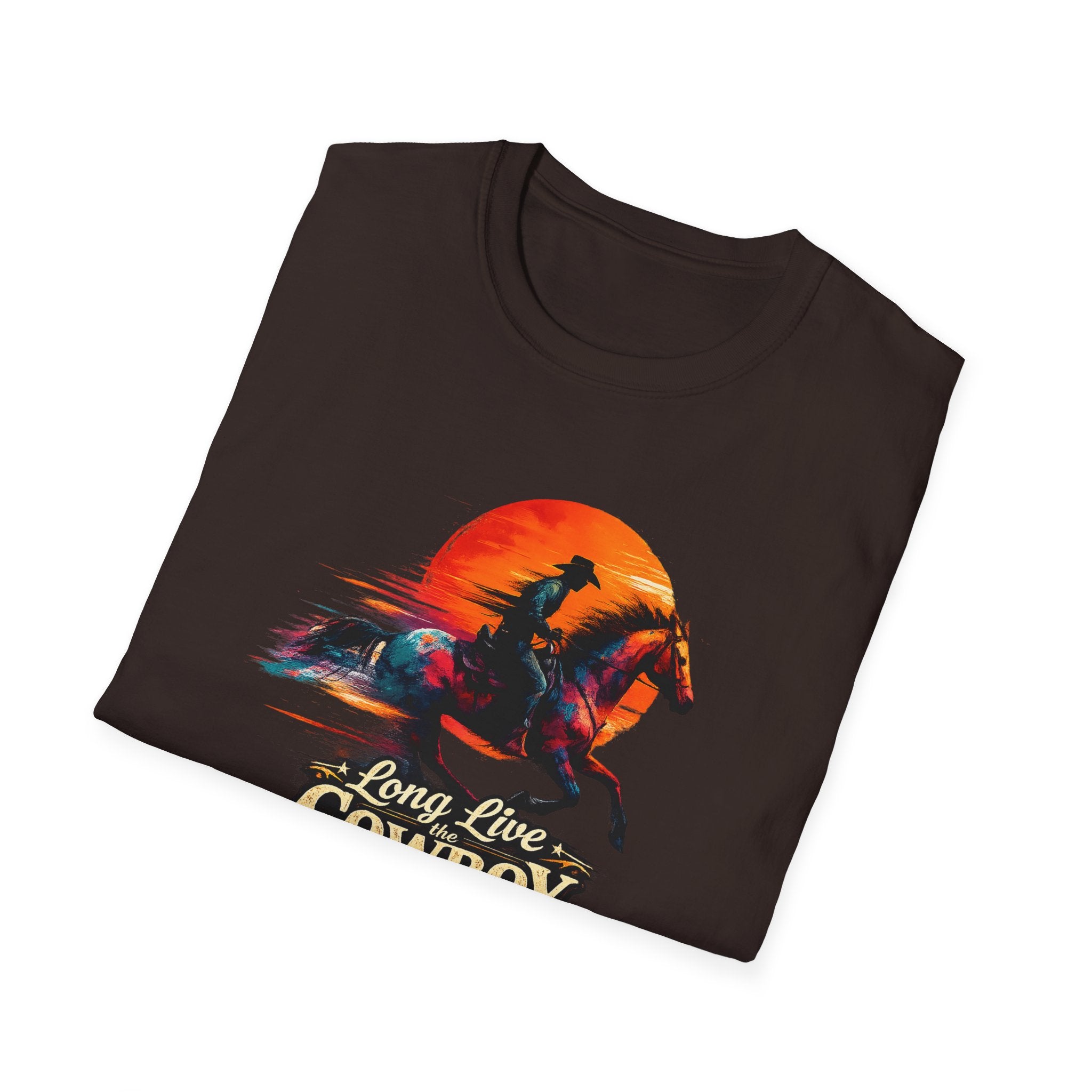 Long Live the Cowboy, Western horse T-shirt for men with vibrant artwork and silhouette design.