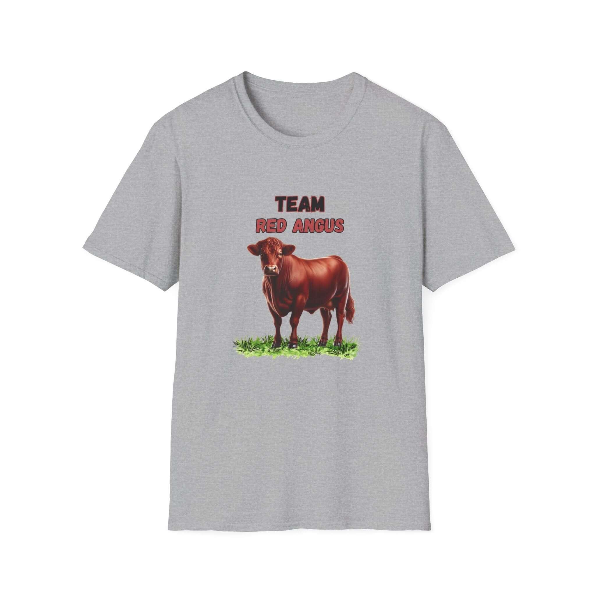 Red Angus T-Shirt featuring a detailed illustration of a Red Angus cow and the text 'TEAM RED ANGUS'.