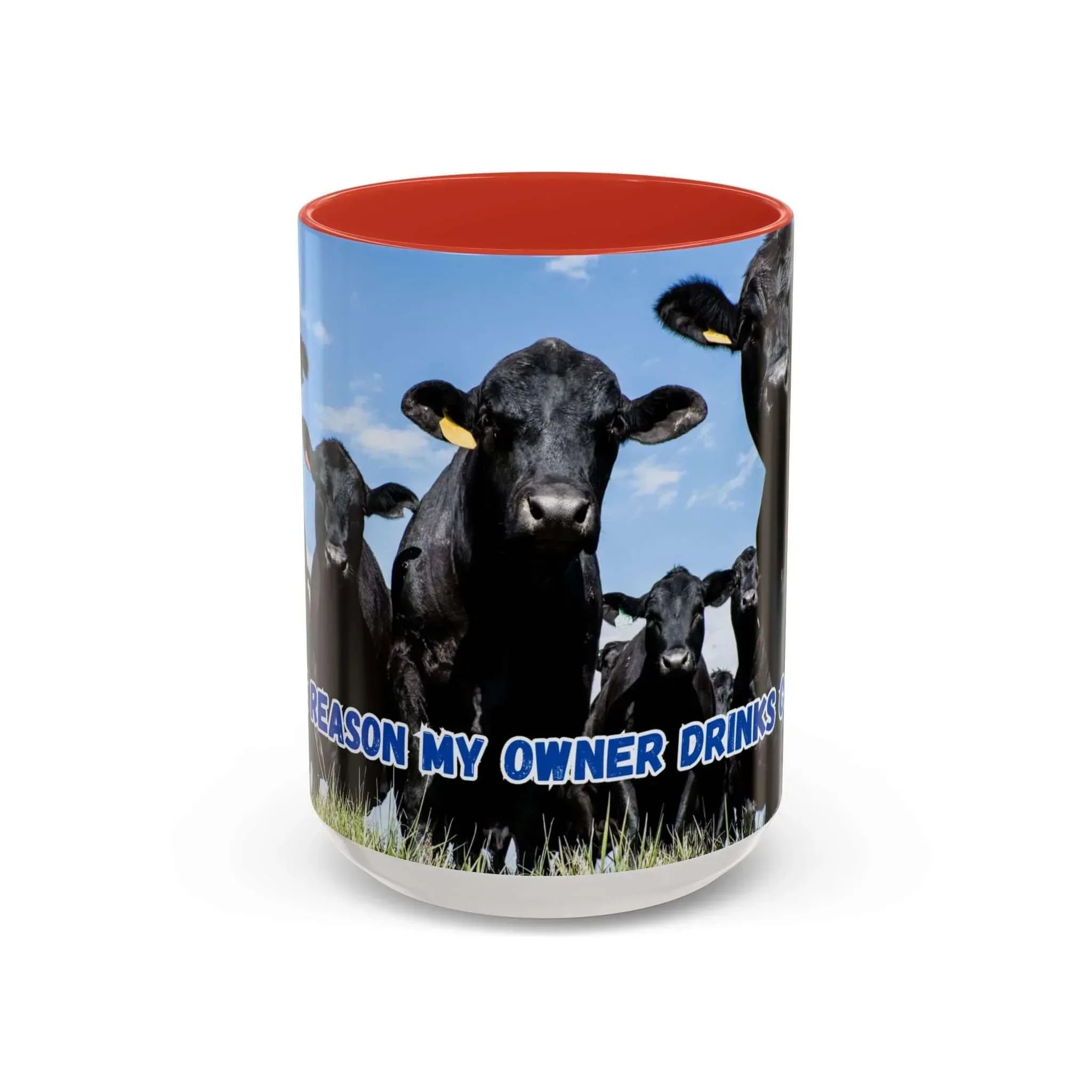 Black Angus Coffee Mug featuring humorous rancher quote and black Angus cows design on a stylish white and red cup.