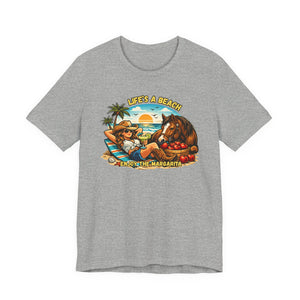 Life's A Beach Western Tee featuring a fun design with a cowgirl and horse, perfect for casual beach days.