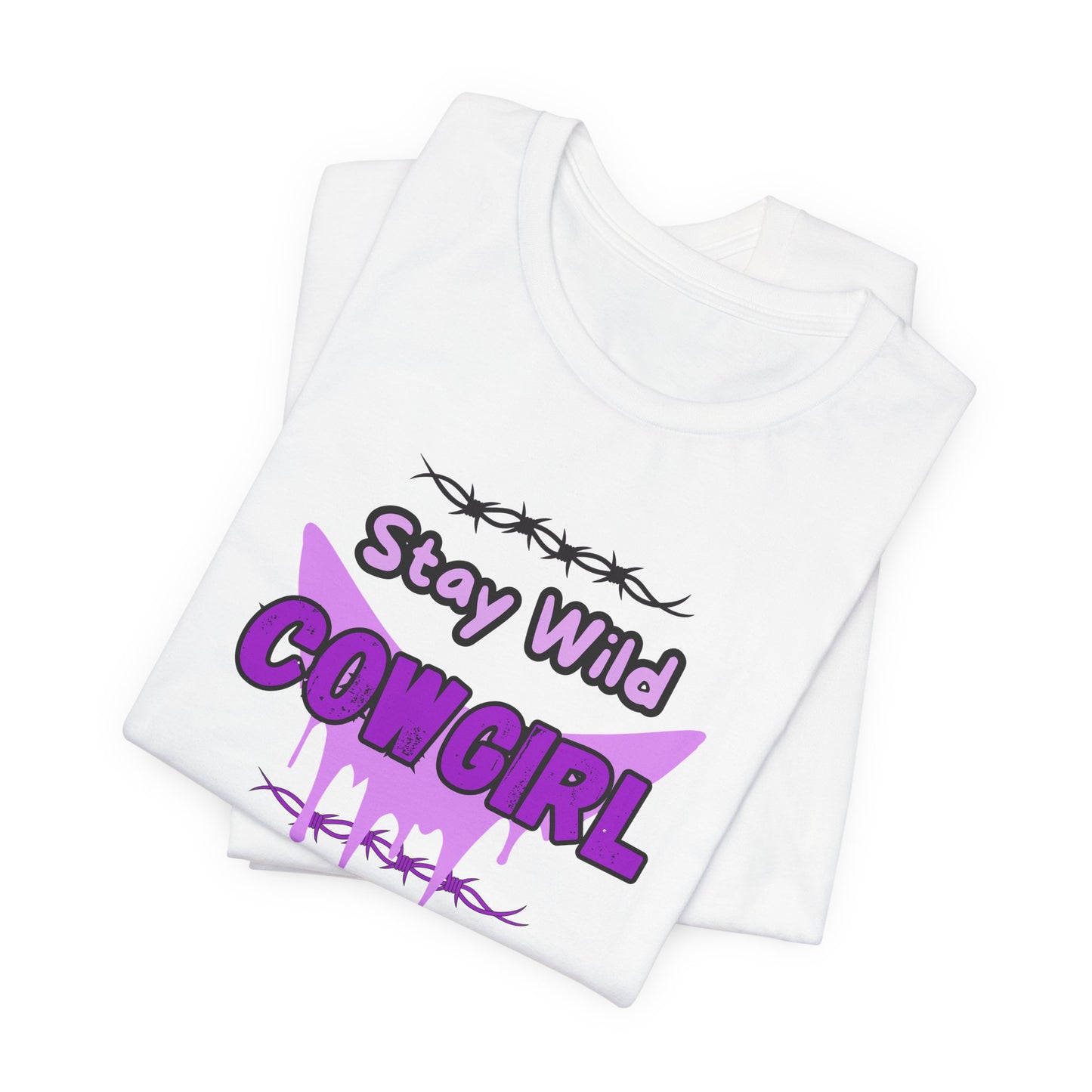 Cowgirl Western Tee featuring bold 'Stay Wild COWGIRL' graphic on a white t-shirt with a playful western vibe.