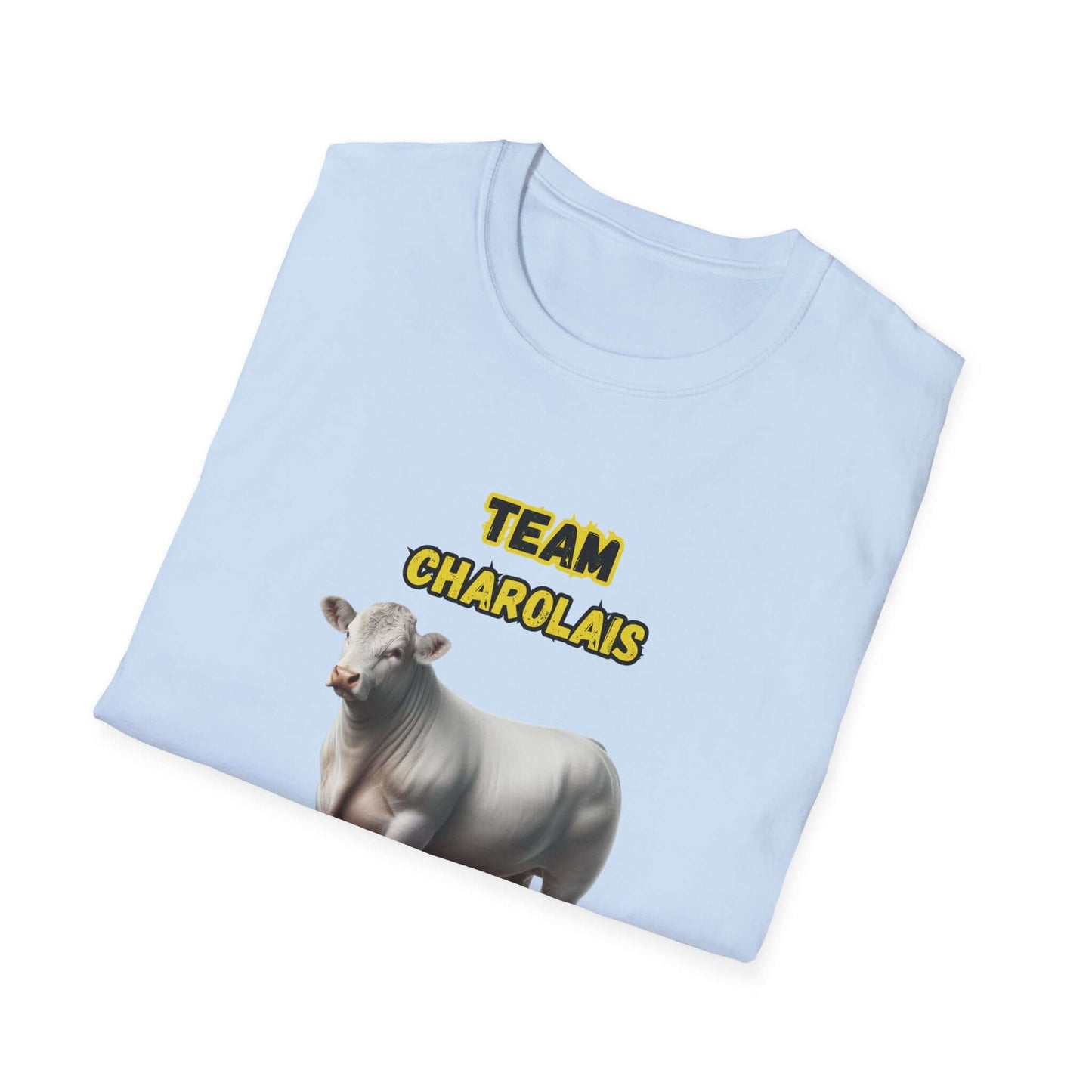 Charolais T-Shirt featuring a Charolais cow design with text 'TEAM CHAROLAIS', ideal for livestock fans and farmers.