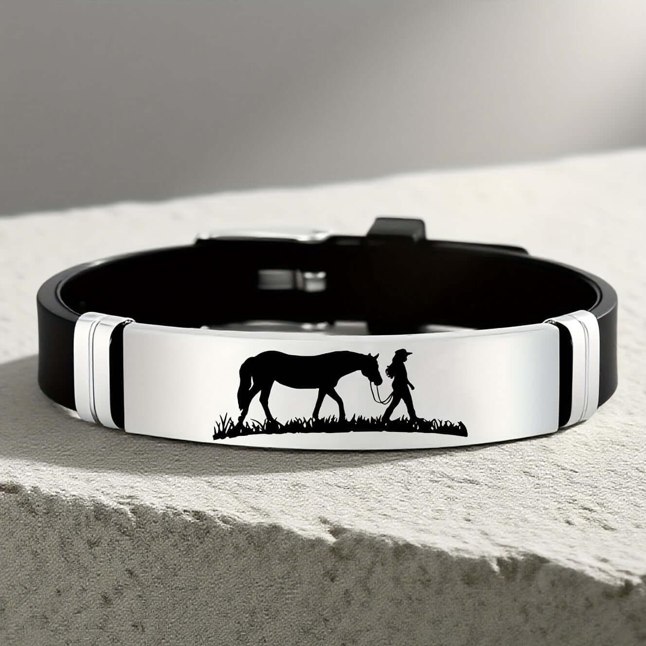 Cowgirl Bracelet featuring a cowgirl walking with her horse, made of stainless steel and silicone, perfect gift accessory.