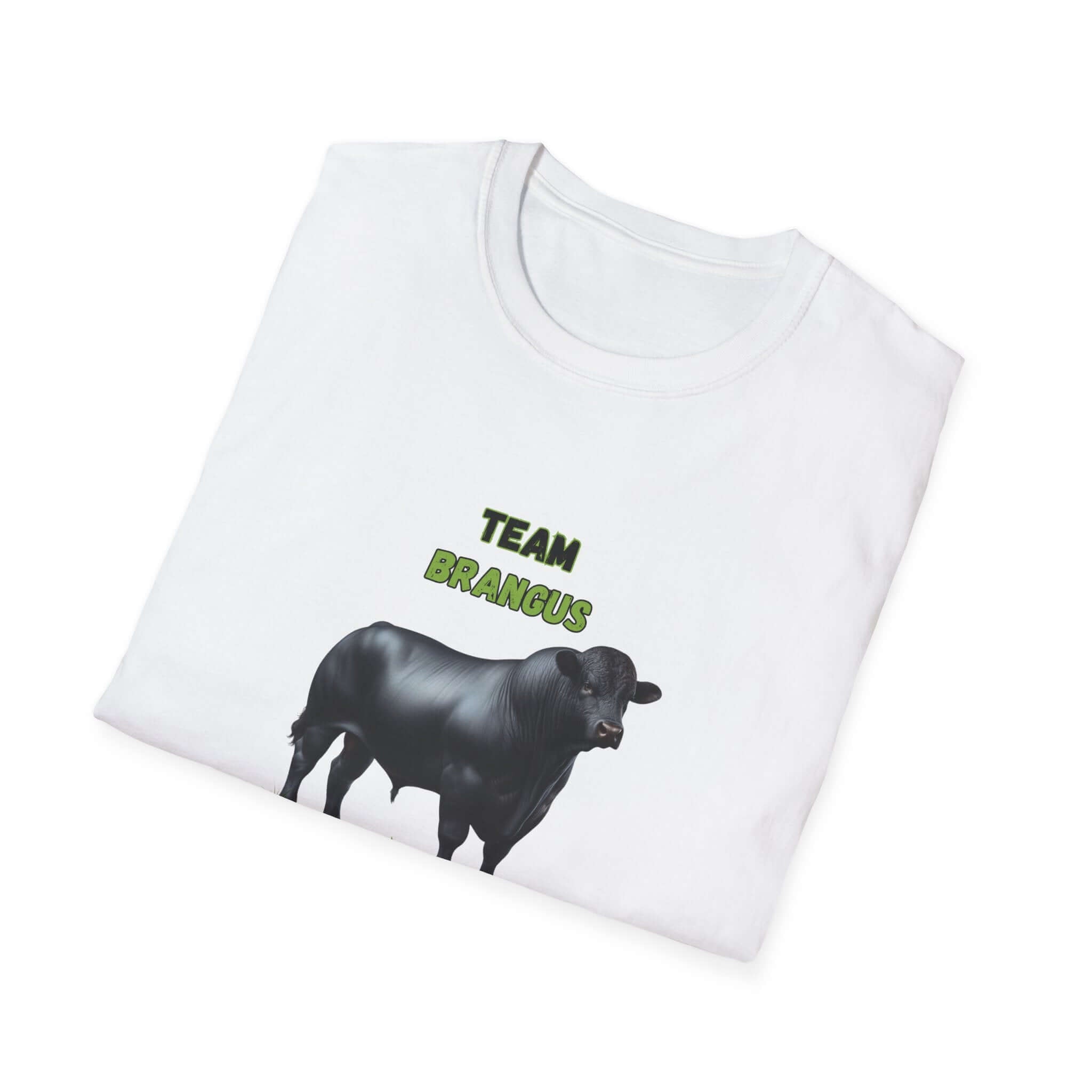 Brangus Cattle Farmer Tee featuring a black calf graphic and Team Brangus text printed on a white shirt.