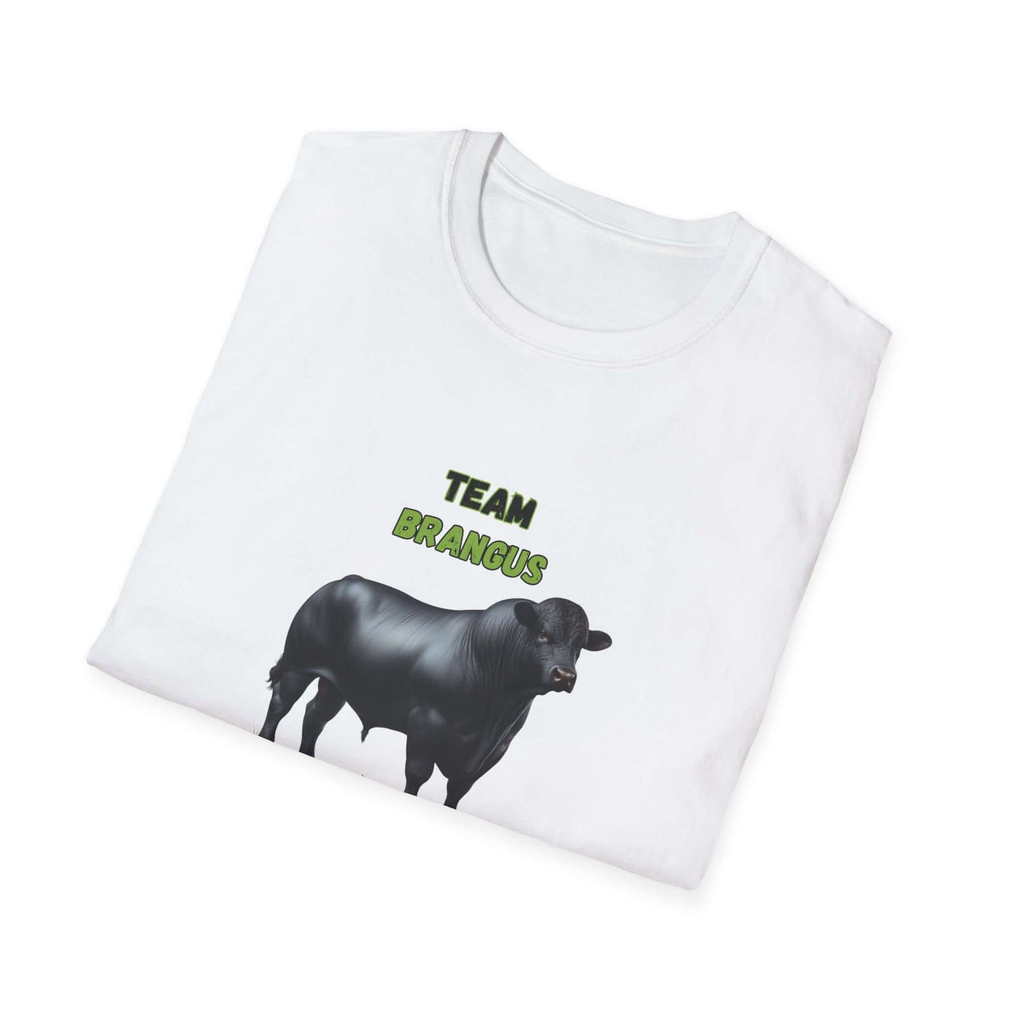 Brangus Cattle Farmer Tee featuring a black calf graphic and Team Brangus text printed on a white shirt.
